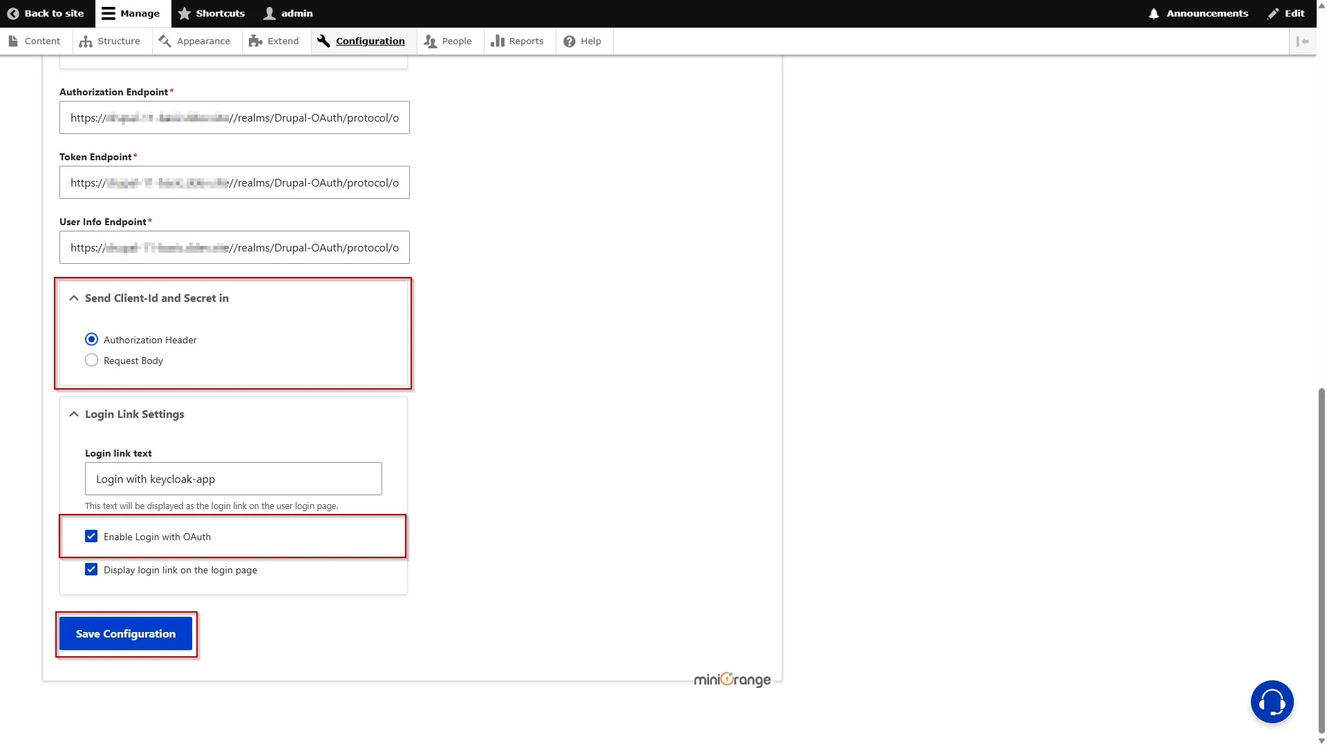 Drupal OAuth OpenID OIDC Single Sign On (SSO) Enabling the Login with OAuth checkbox and click Save Configuration