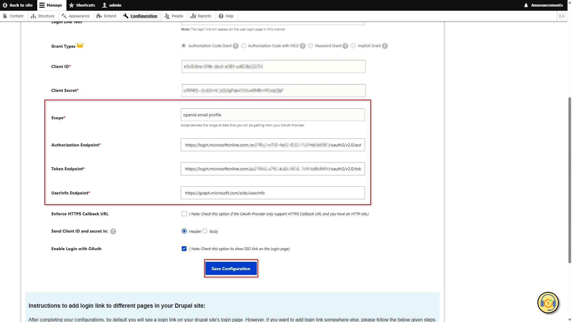Drupal OAuth OIDC Client Configuration - Paste the OAuth 2.0 token Endpoint and OAuth 2.0 token endpoint in the corresponding text fields
