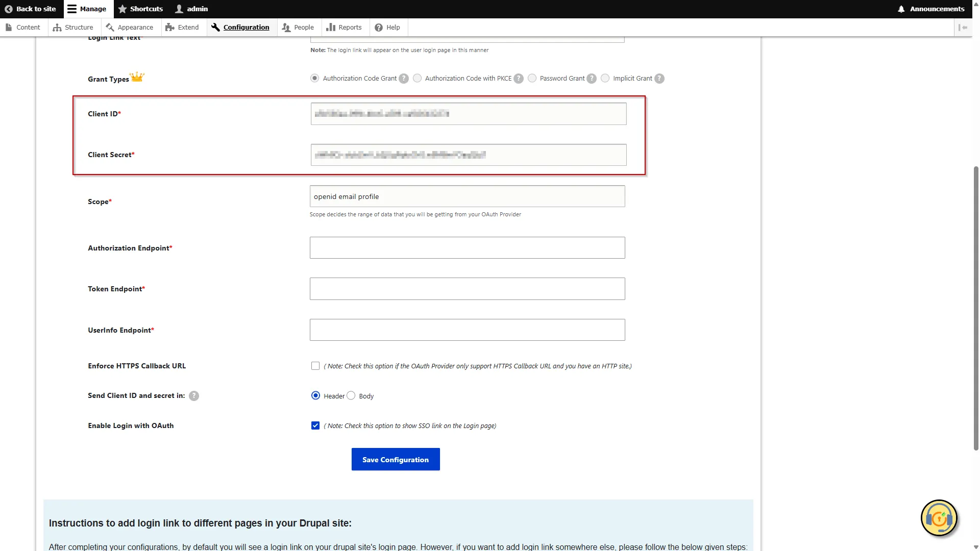 Drupal OAuth OIDC Client Configuration - Paste it into the Client ID field