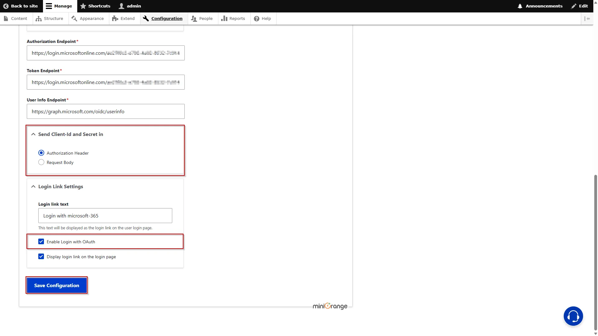 Drupal OAuth OpenID OIDC Single Sign On (SSO) Enabling the Login with OAuth checkbox and click Save Configuration