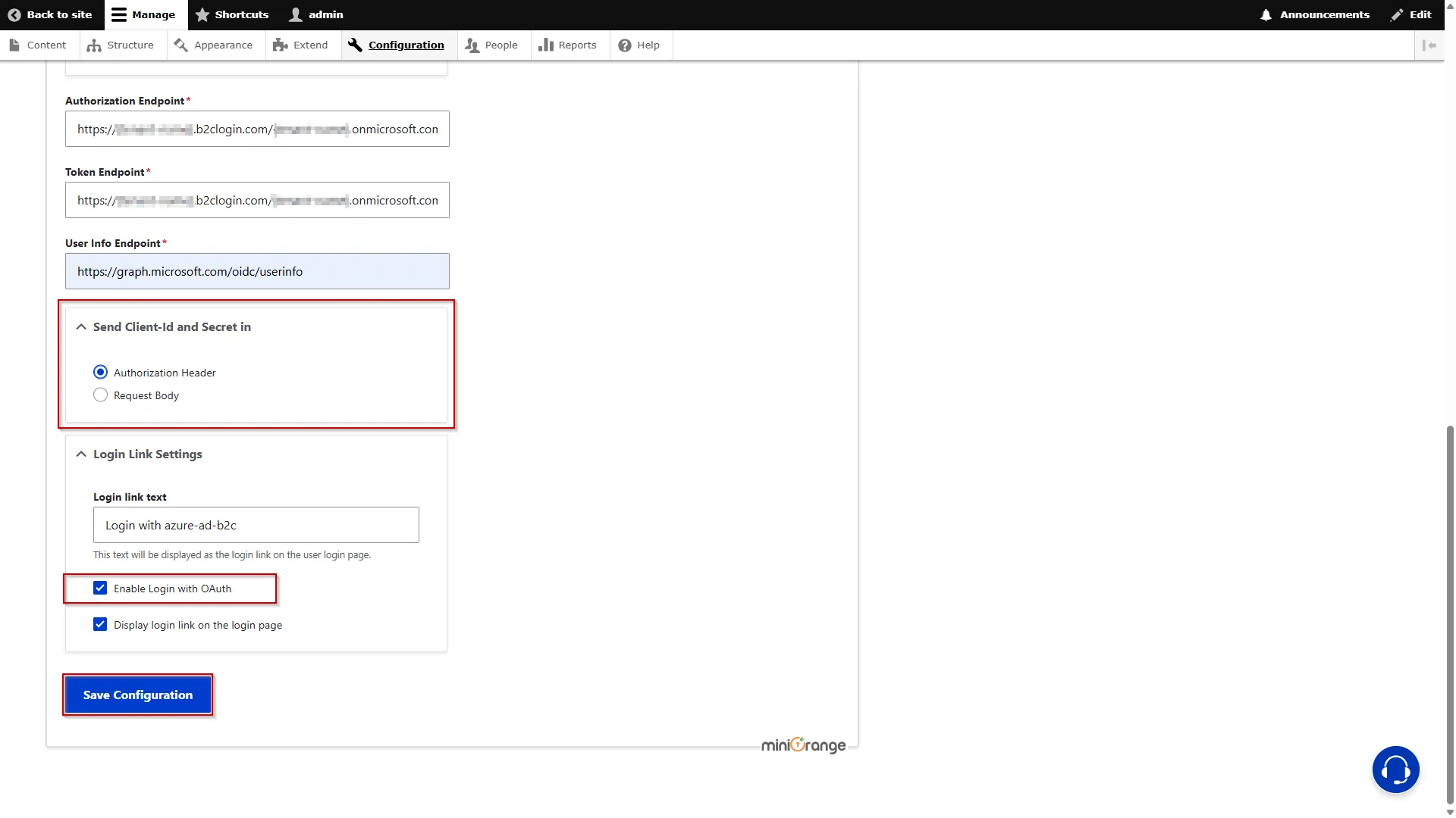 Drupal OAuth OpenID OIDC Single Sign On (SSO) Enabling the Login with OAuth checkbox and click Save Configuration