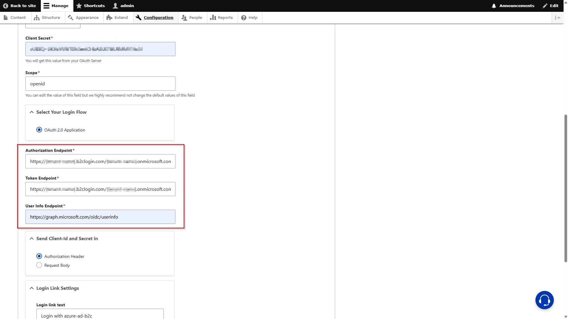 Drupal-Auth-SSO-AWS Cognito-Replace the intial URL with Cognito domain into the Endpoints fields