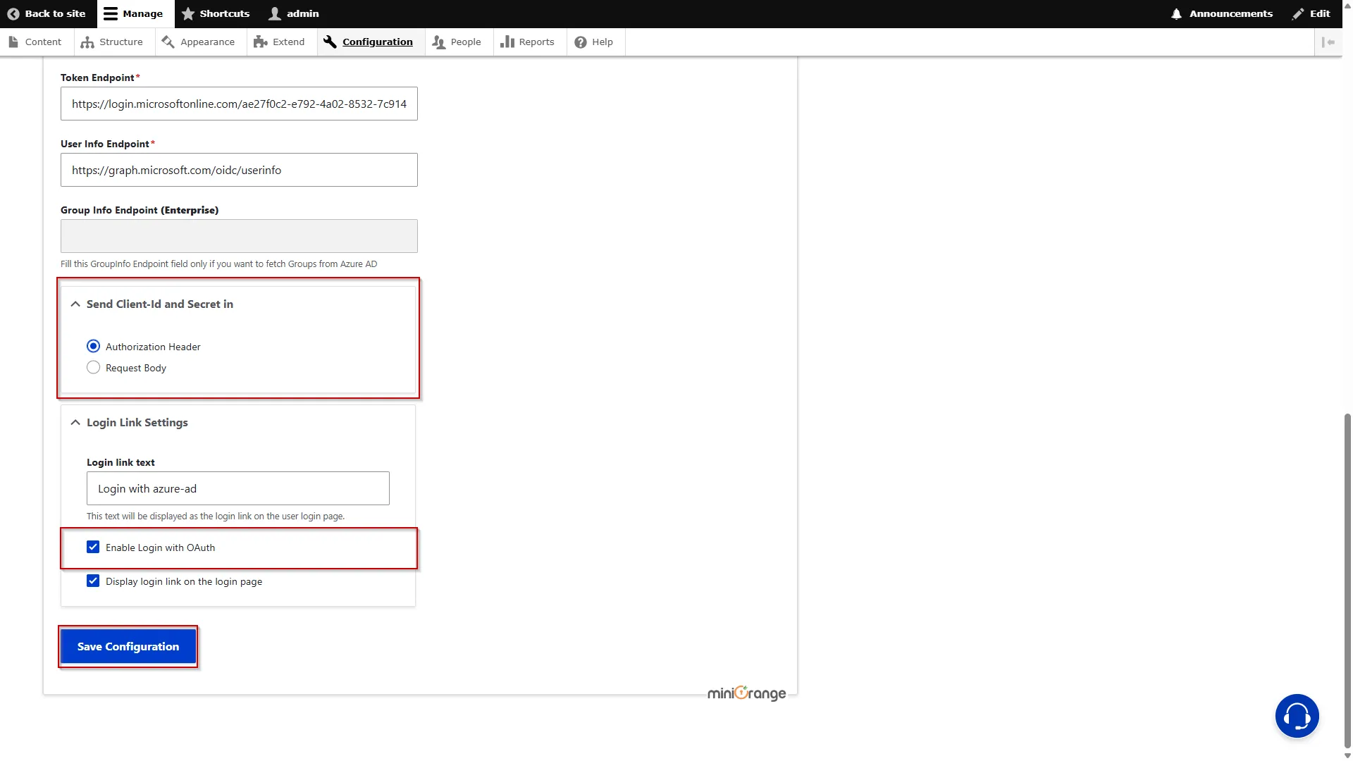 Drupal OAuth OpenID OIDC Single Sign On (SSO) Enabling the Login with OAuth checkbox and click Save Configuration