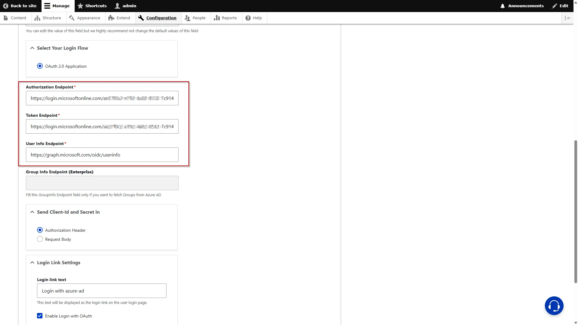 Drupal-Auth-SSO-AWS Cognito-Replace the intial URL with Cognito domain into the Endpoints fields