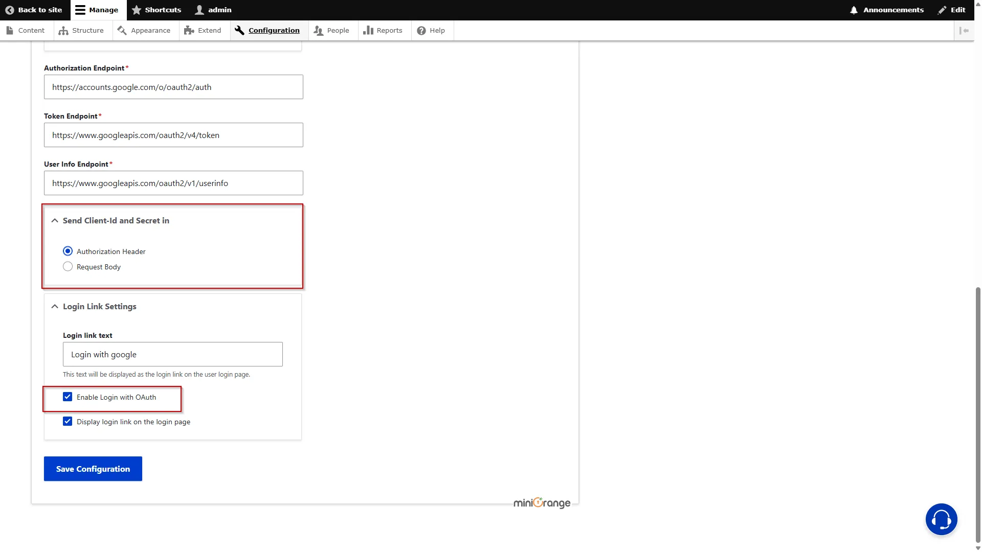 Drupal OAuth OpenID OIDC Single Sign On (SSO) Enabling the Login with OAuth checkbox and click Save Configuration