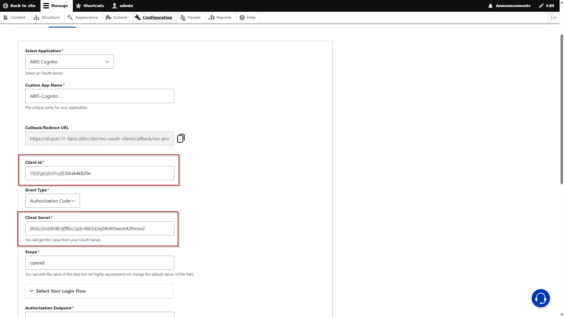 Drupal-Auth-SSO-AWS Cognito-Paste-Client-Credentials