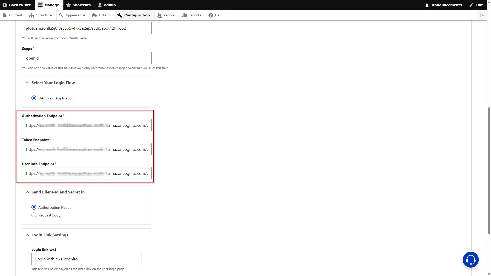 Drupal-Auth-SSO-AWS Cognito-Replace the intial URL with Cognito domain into the Endpoints fields
