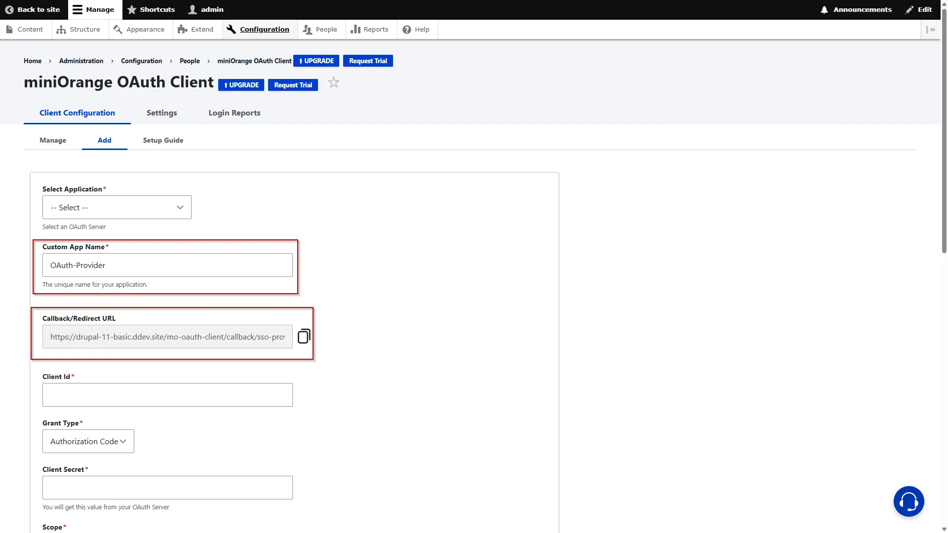 Drupal OAuth Client - Enter Custom App Name and Copy Callback URL