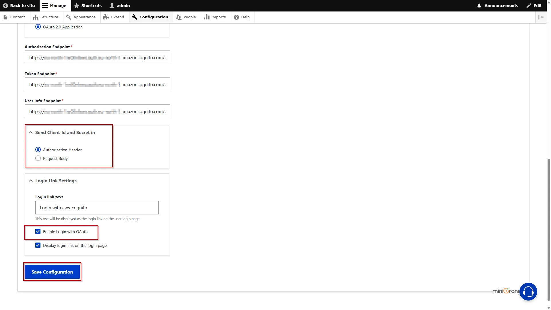 Drupal OAuth OpenID OIDC Single Sign On (SSO) Enabling the Login with OAuth checkbox and click Save Configuration