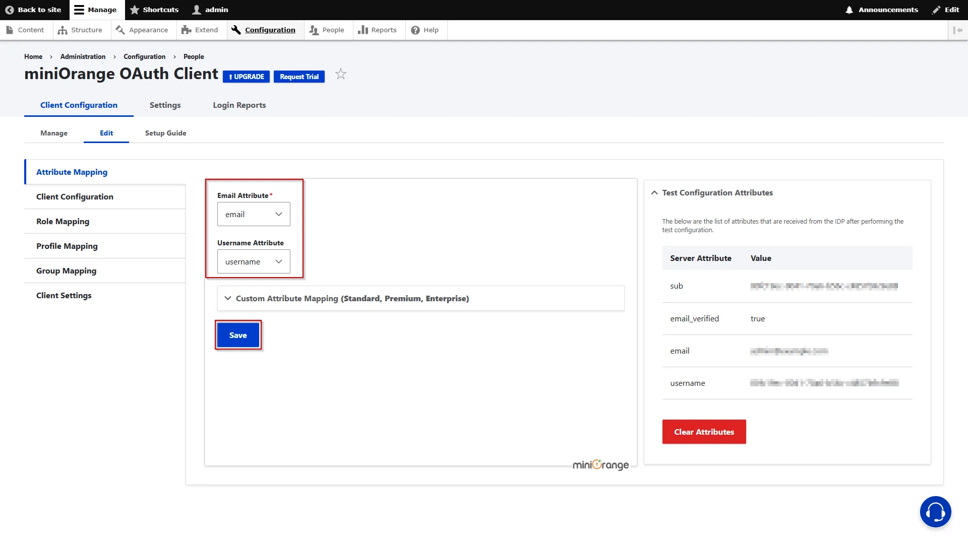 Drupal OAuth Client - select user attribute and click save configuration