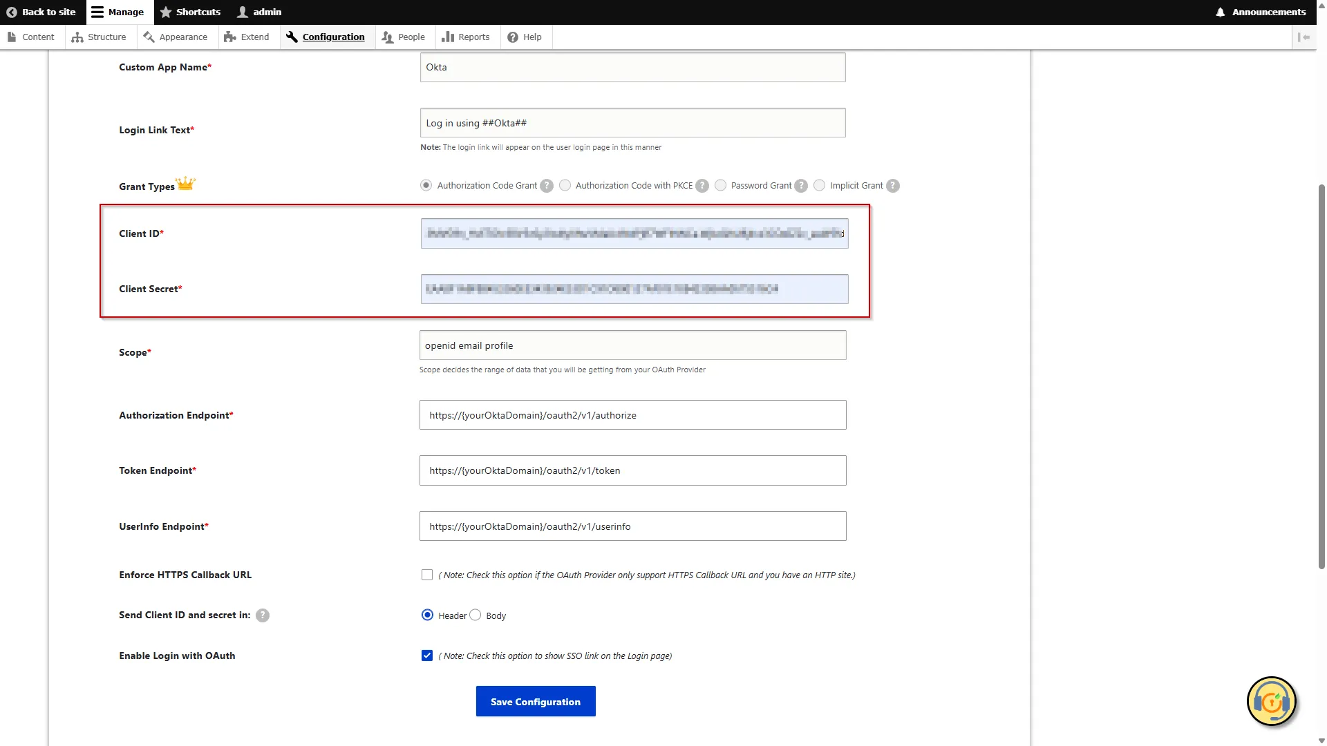 Drupal OAuth OIDC Client Configuration - Paste it into the Client ID and Secret