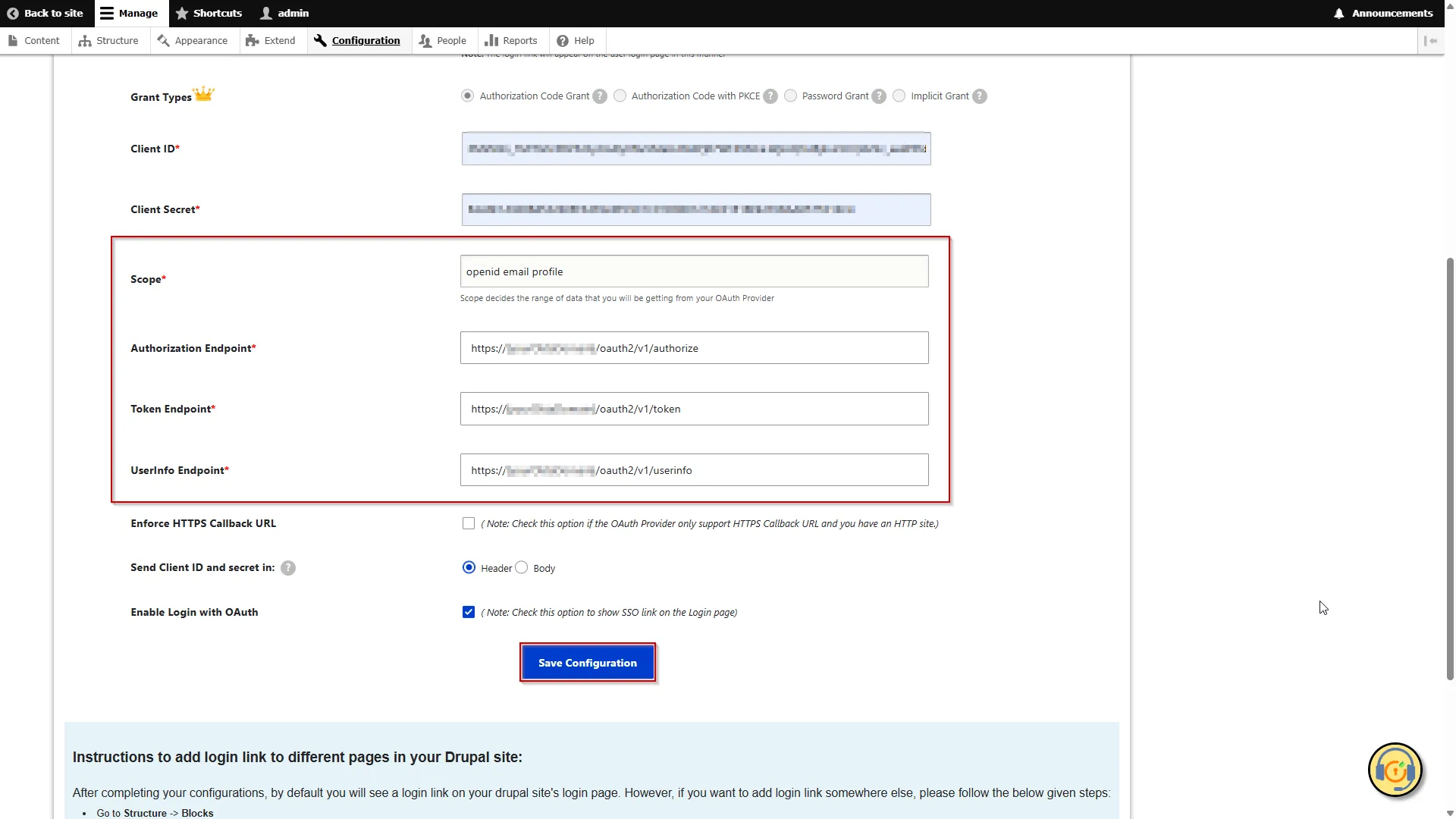 Drupal OAuth OIDC Client Configuration - Paste the OAuth 2.0 token Endpoint and OAuth 2.0 token endpoint in the corresponding text fields