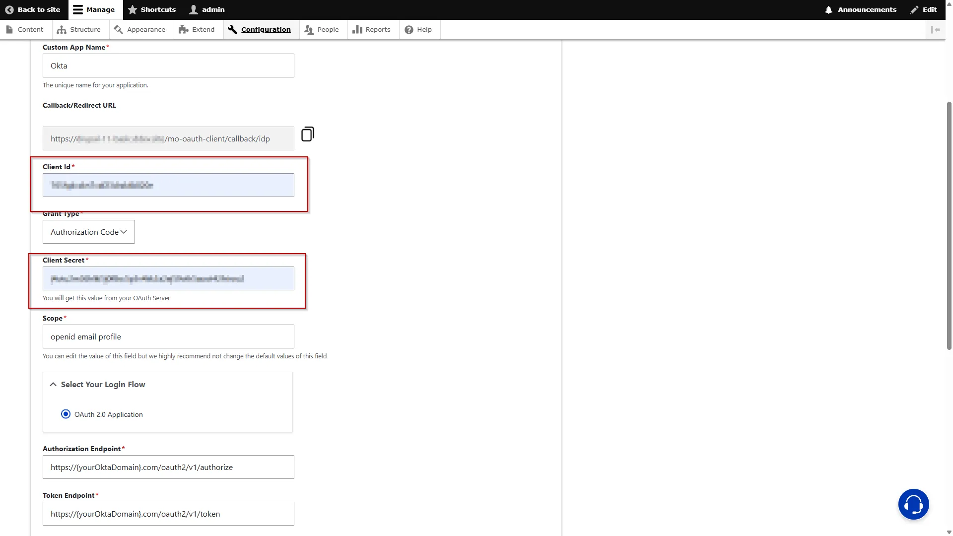 Drupal-Auth-SSO-Okta-Paste-Client-Credentials