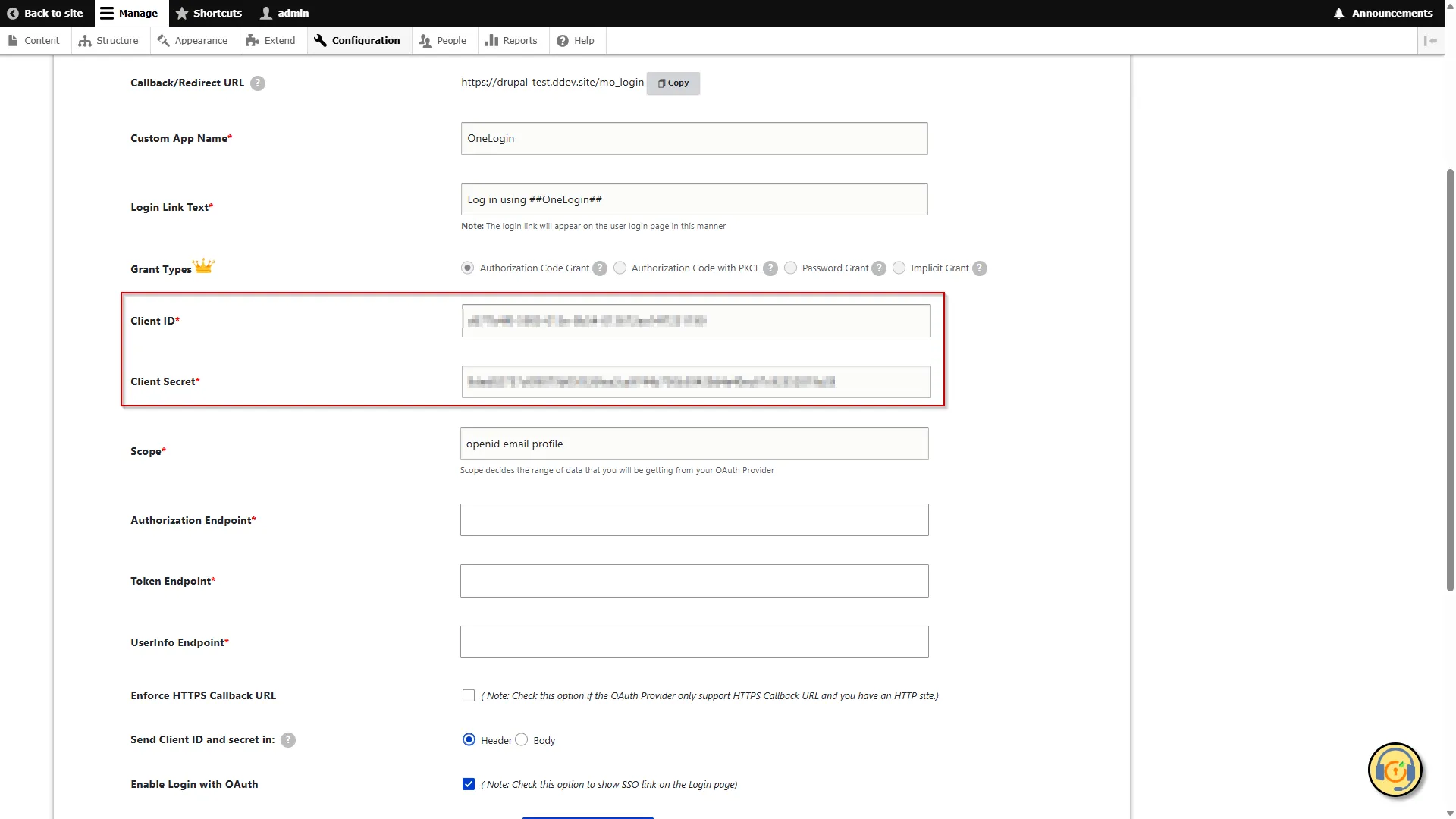 Drupal OAuth OIDC Client Configuration - Paste it into the Client ID and Secret
