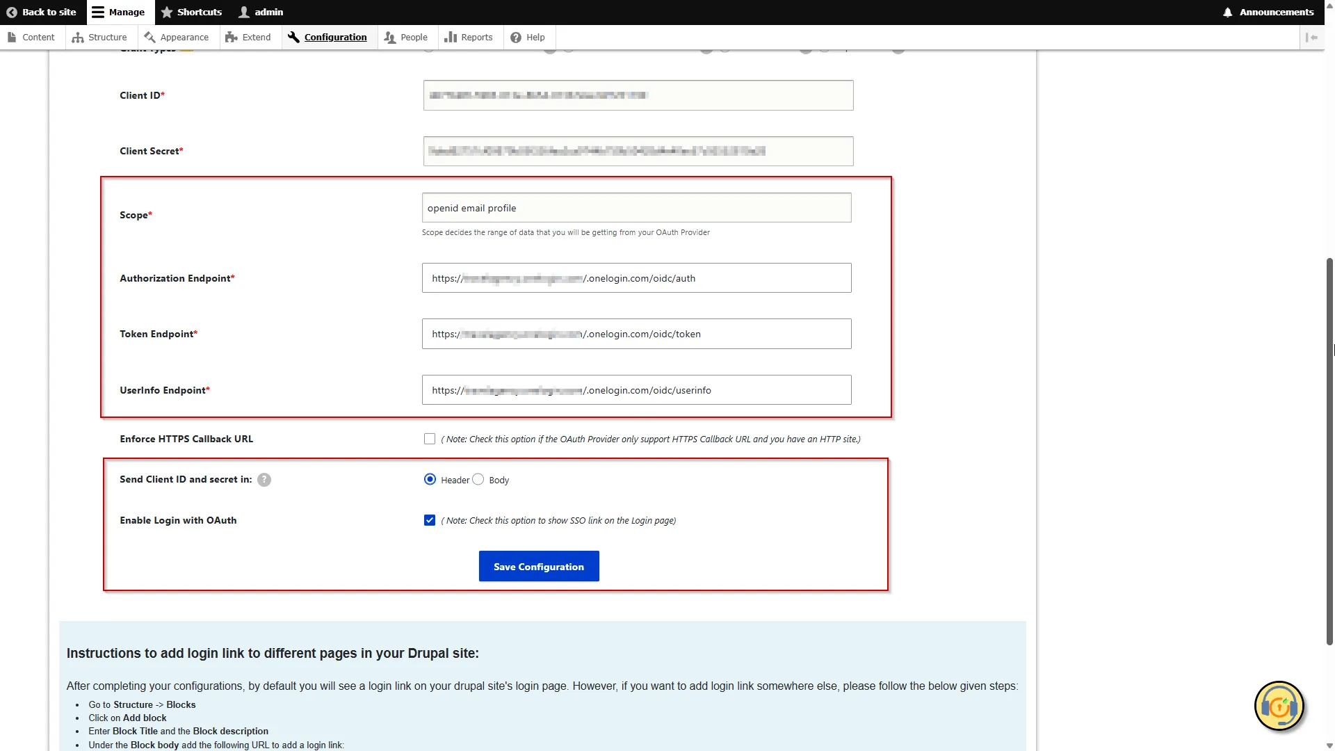 Drupal OAuth OIDC Client Configuration - Paste the OAuth 2.0 token Endpoint and OAuth 2.0 token endpoint in the corresponding text fields