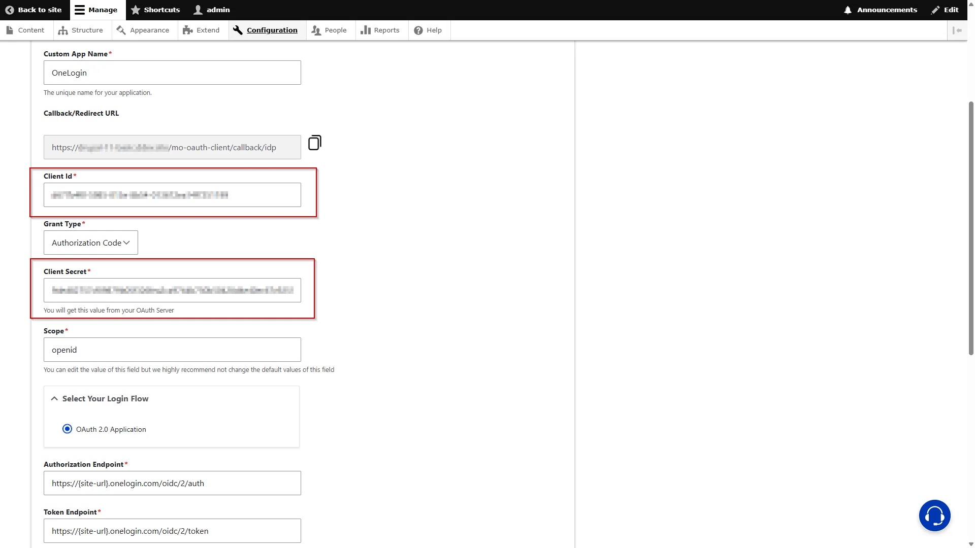 Drupal-Auth-SSO-OneLogin-Paste-Client-Credentials
