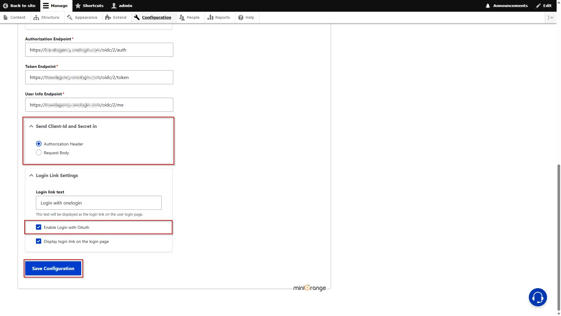 Drupal OAuth OpenID OIDC Single Sign On (SSO) Enabling the Login with OAuth checkbox and click Save Configuration