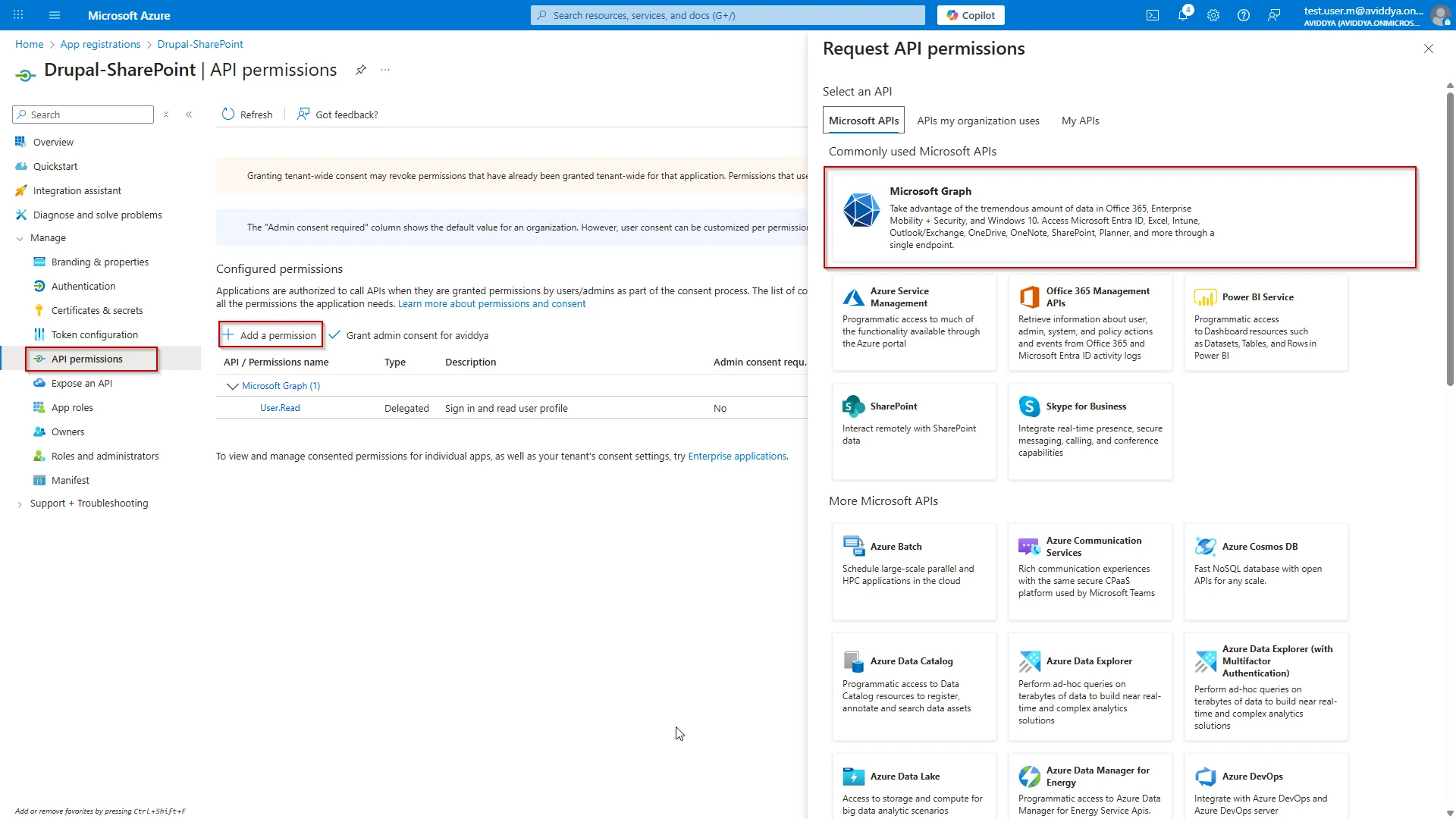 Drupal SharePoint - Click API Permission Select Microsoft Graph