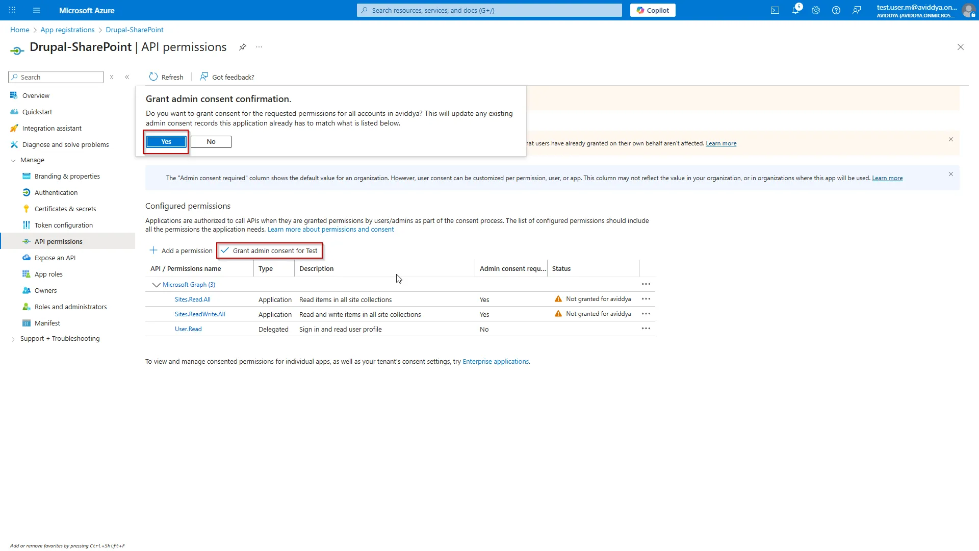 Drupal SharePoint - Click Grant Admin Consent For Test