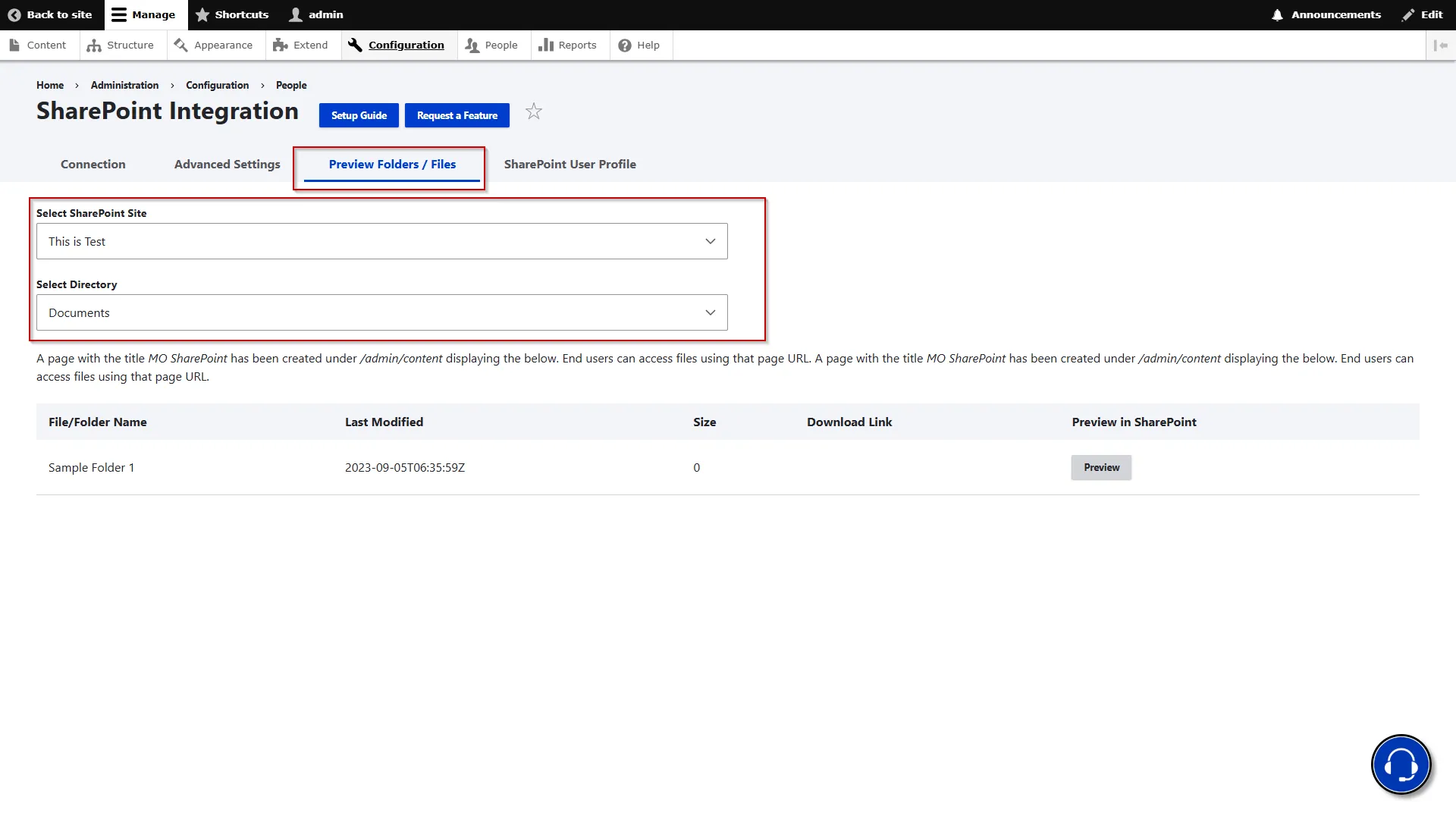 Drupal SharePoint - Click Preview Folder/files