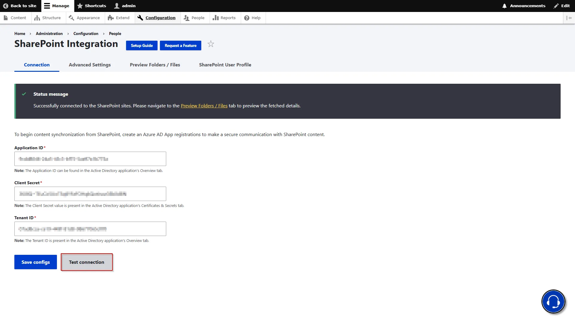 Drupal SharePoint - Click Test Connection