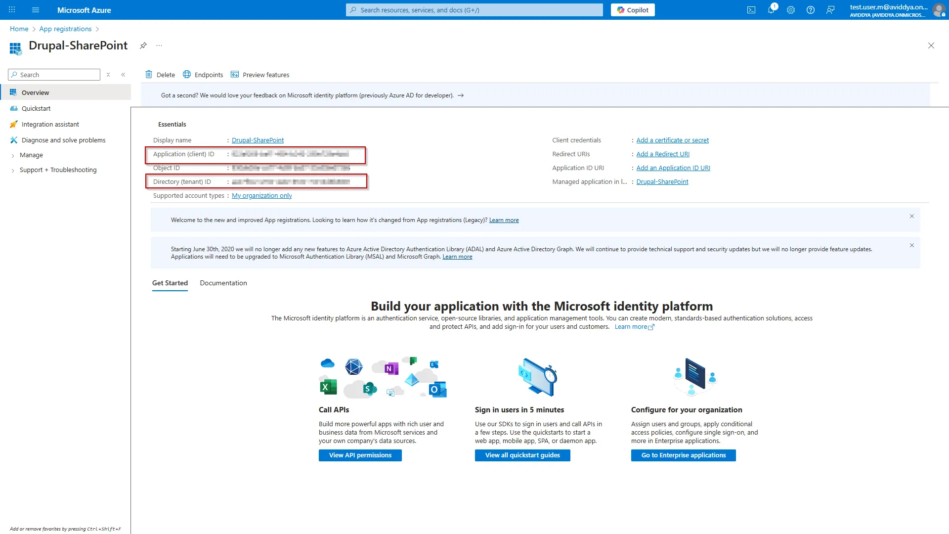 Drupal SharePoint - Copy Client ID and Tenant ID