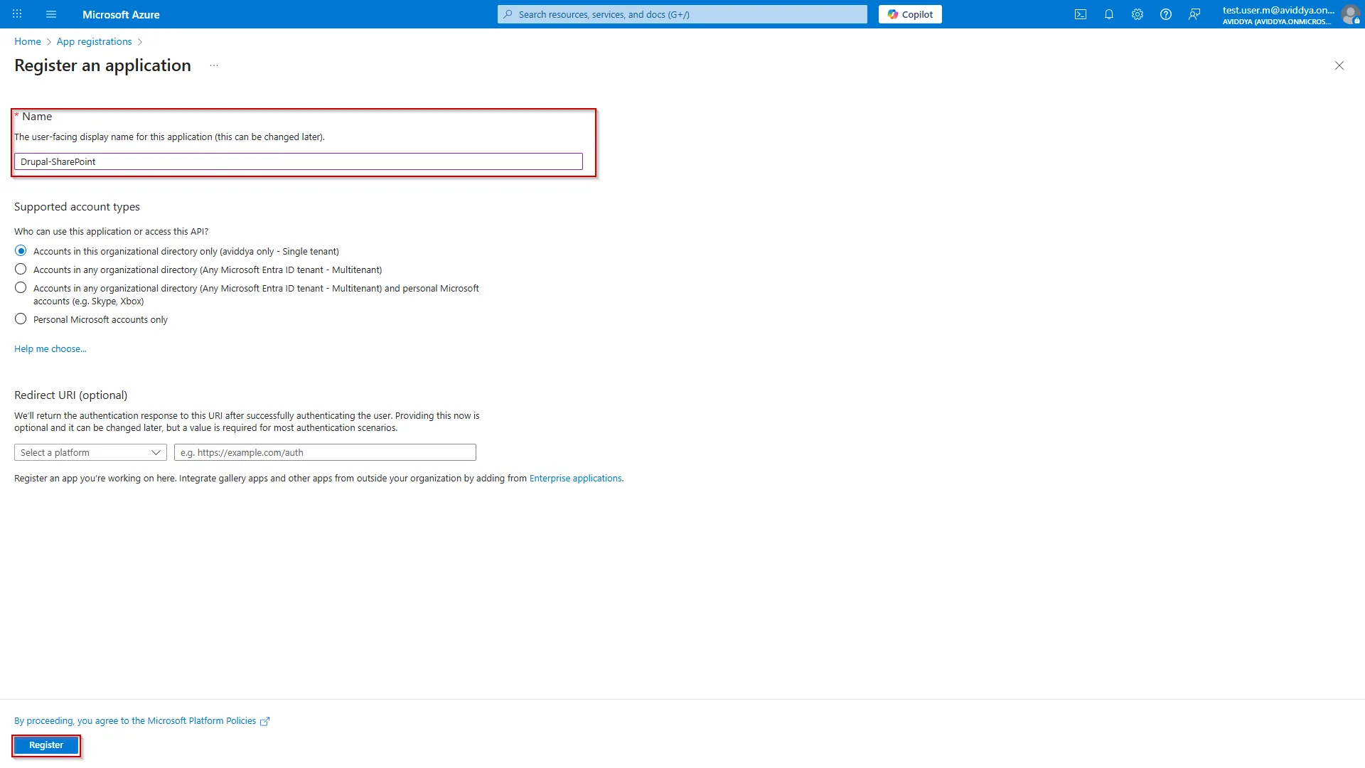 Drupal SharePoint - Enter App Name Click Register