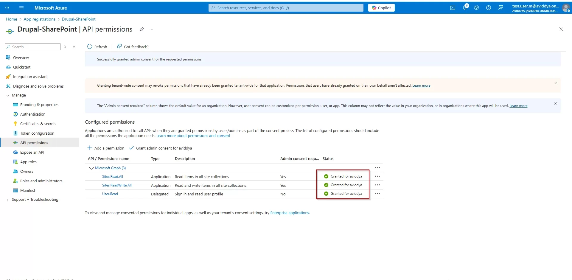 Drupal SharePoint - Granted Consent