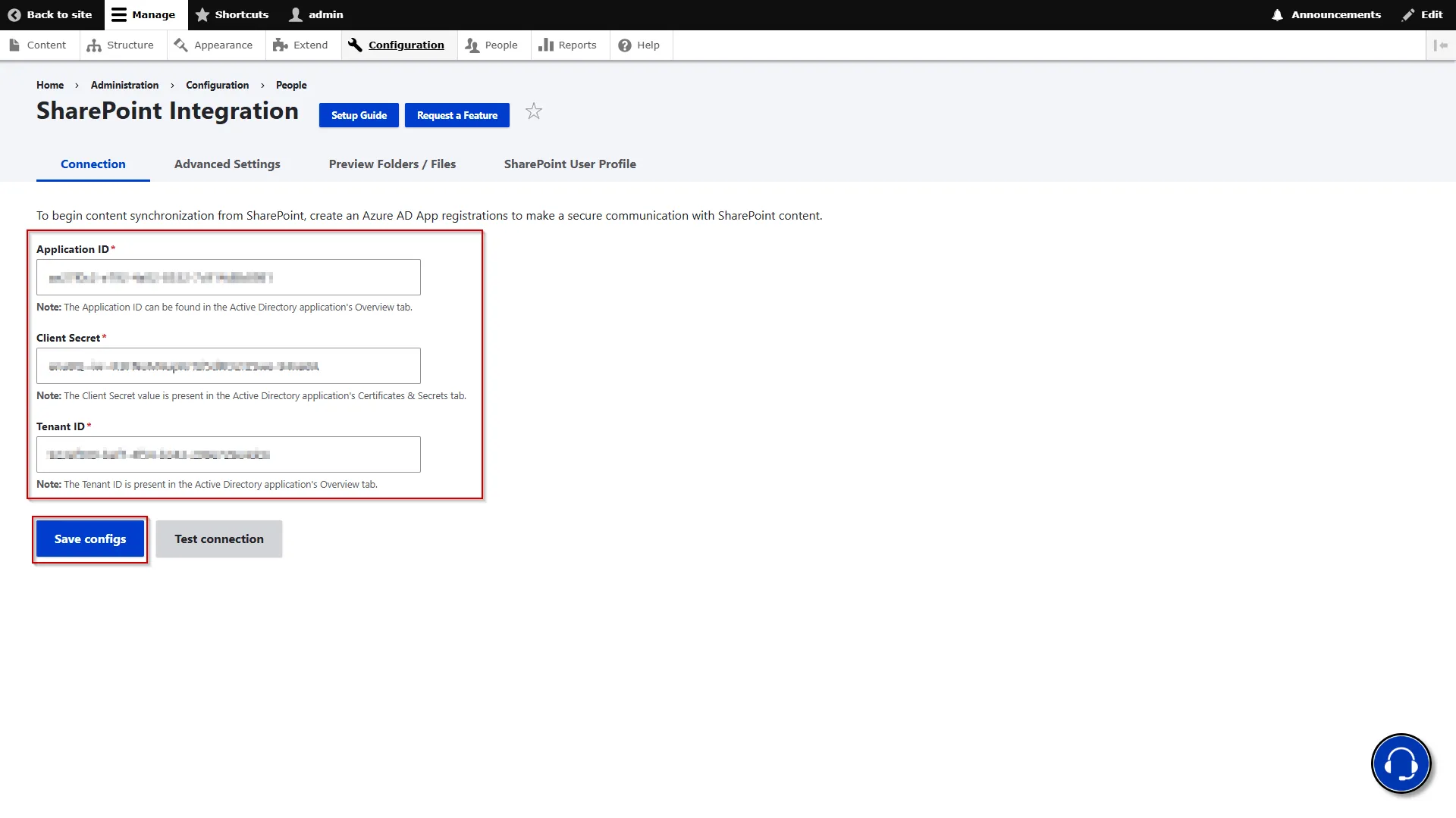 Drupal SharePoint - Paste Client ID Secret Tenant ID
