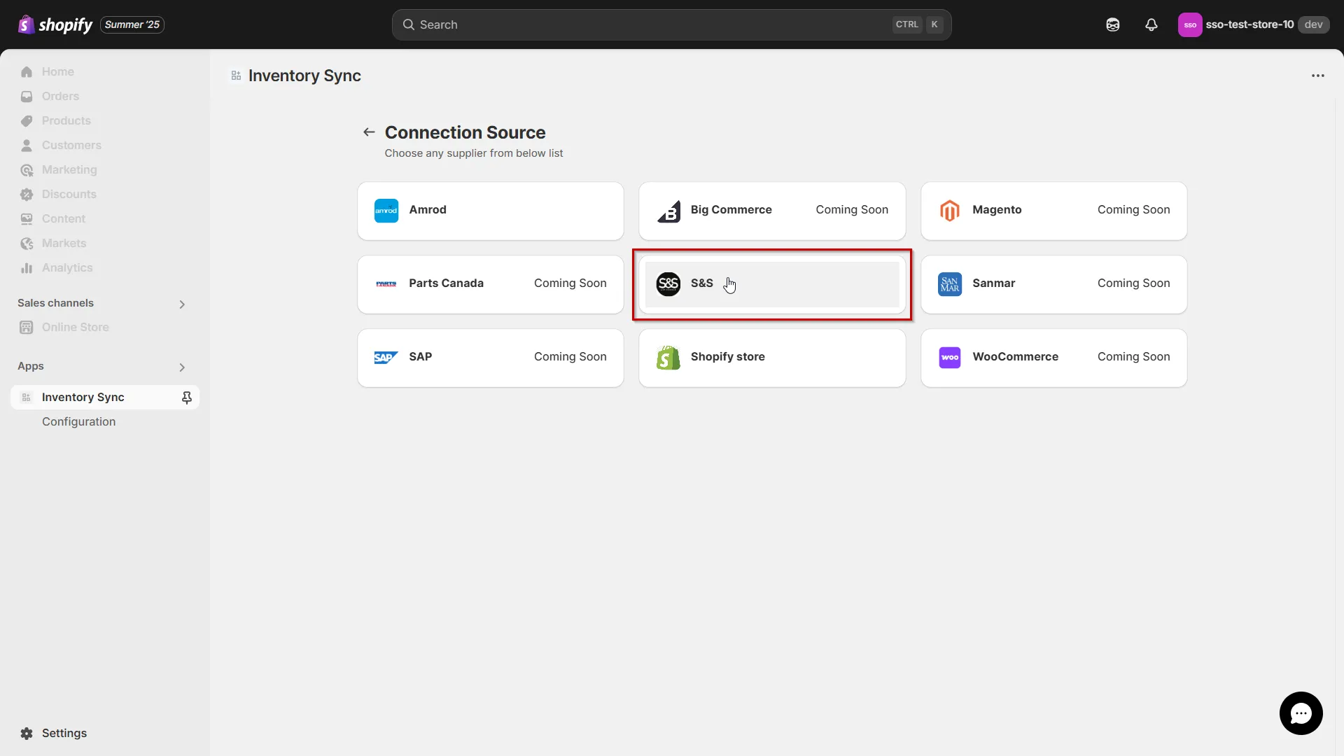 Shopify S&S Activewear Integration - Choose source connection