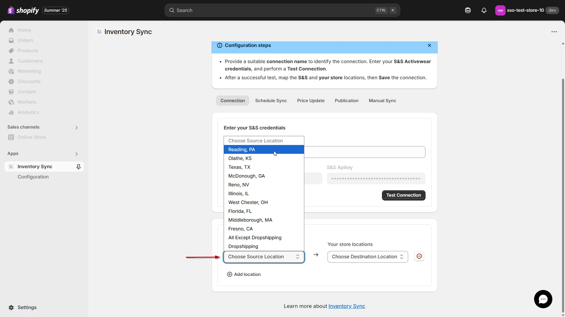 Shopify S&S Activewear Integration - Location mapping