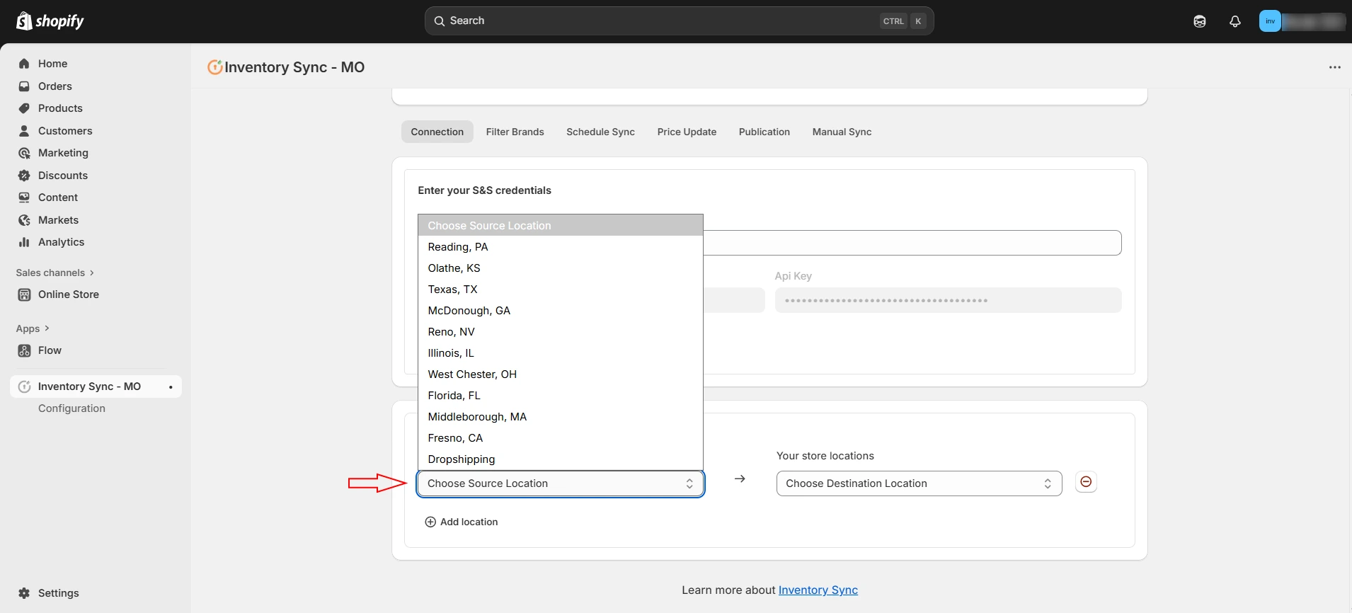Shopify S&S Activewear Integration - Location mapping