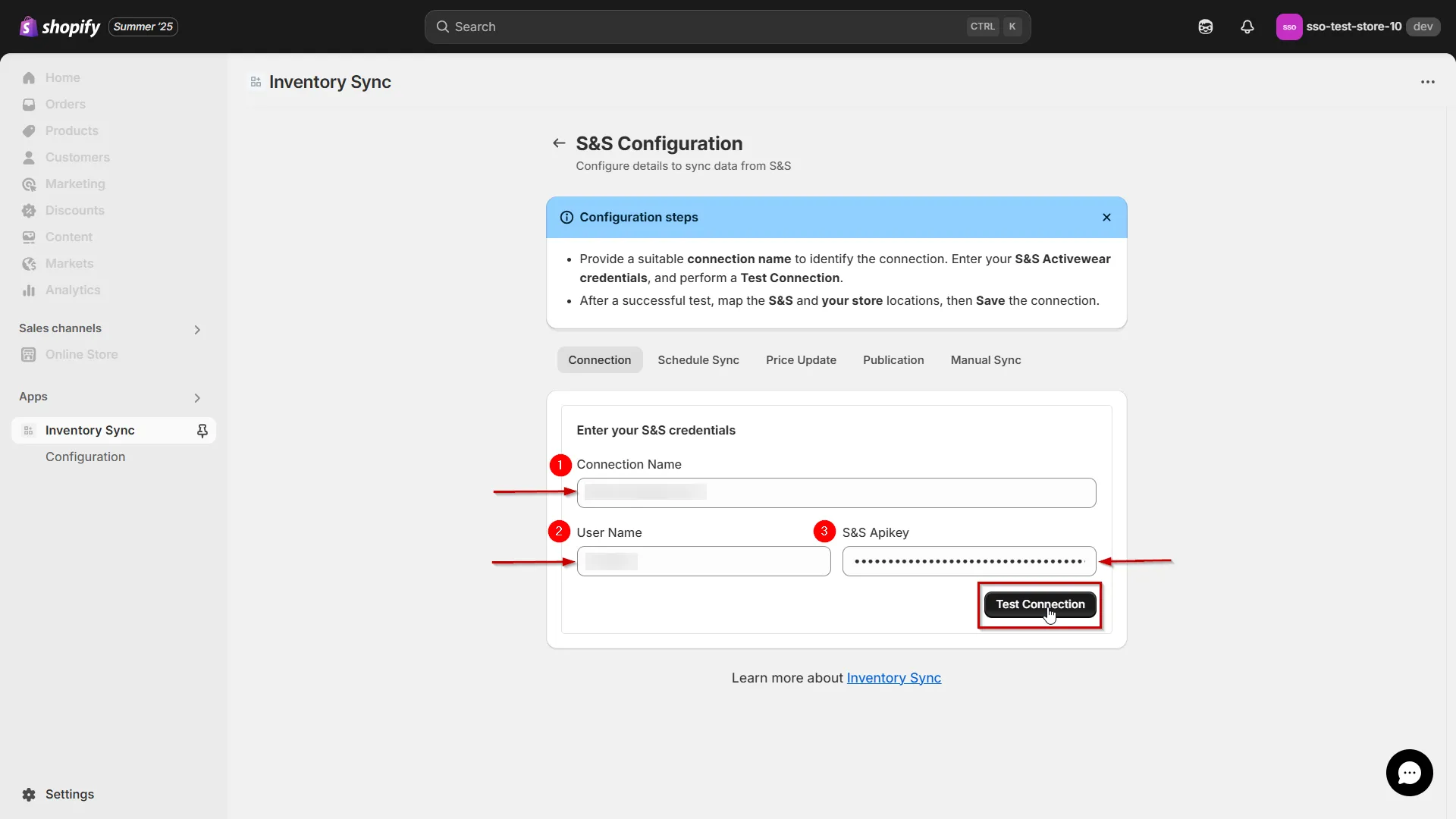 Shopify S&S Activewear Integration - Enter your S&S credentials