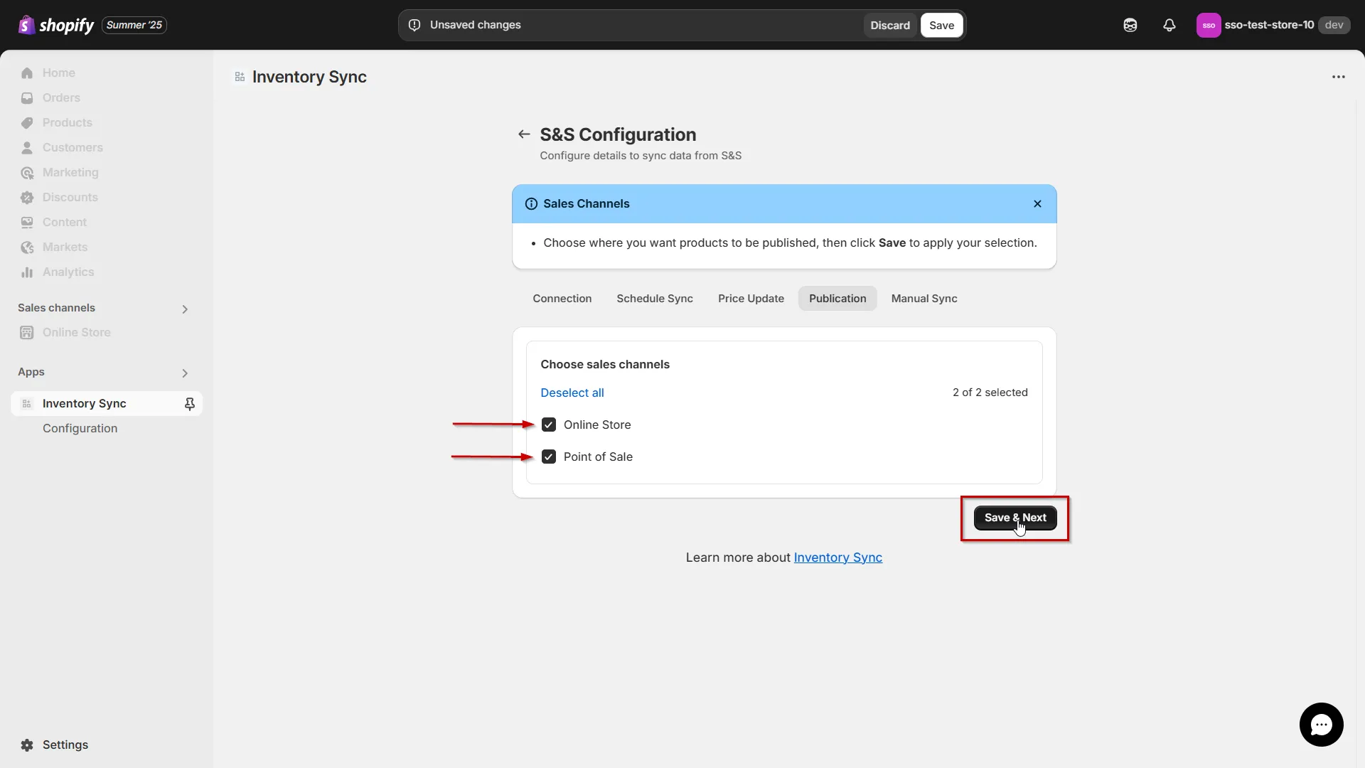 Shopify S&S Activewear Integration - Choose sales channel