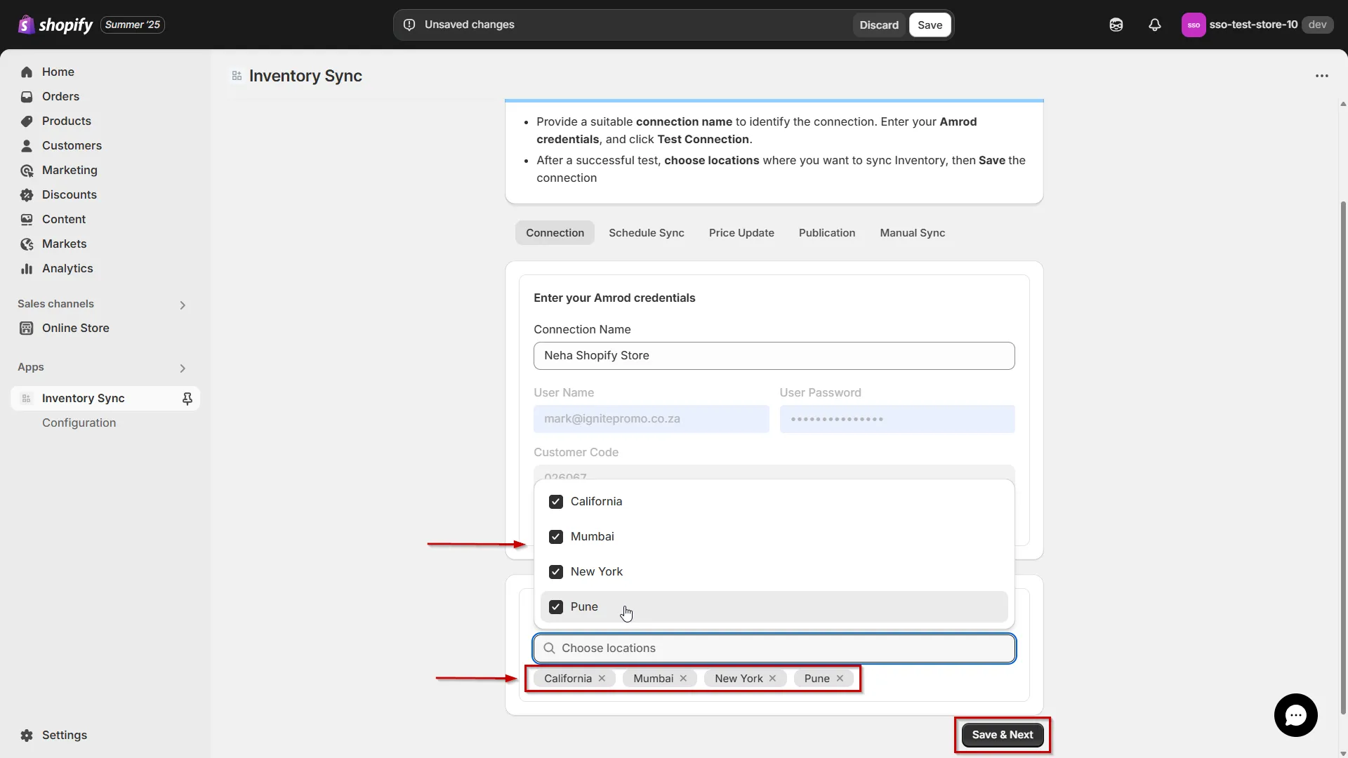 Verbinden Sie Amrod mit Shopify mithilfe der Bestandssynchronisierung – Wählen Sie die zu synchronisierenden Filialstandorte aus