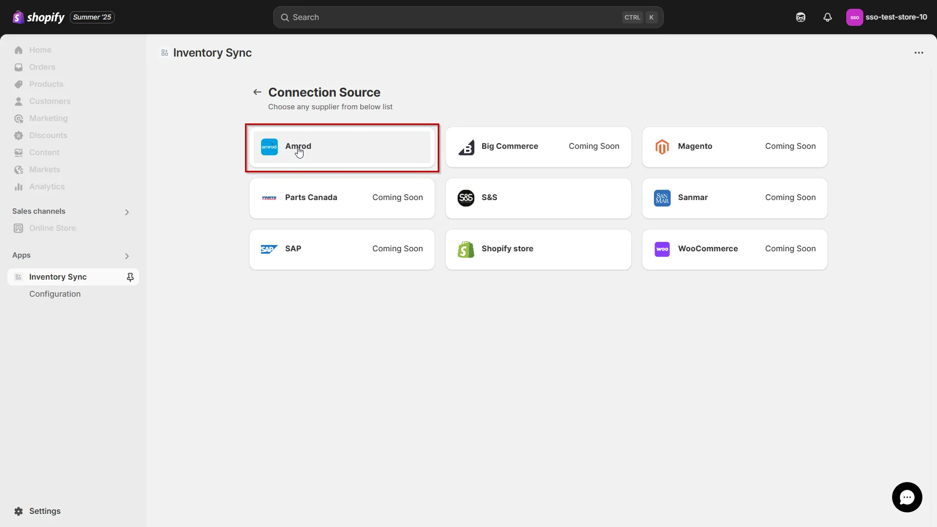 Connect Amrod to Shopify using Inventory Sync - Choose Amrod as connection source