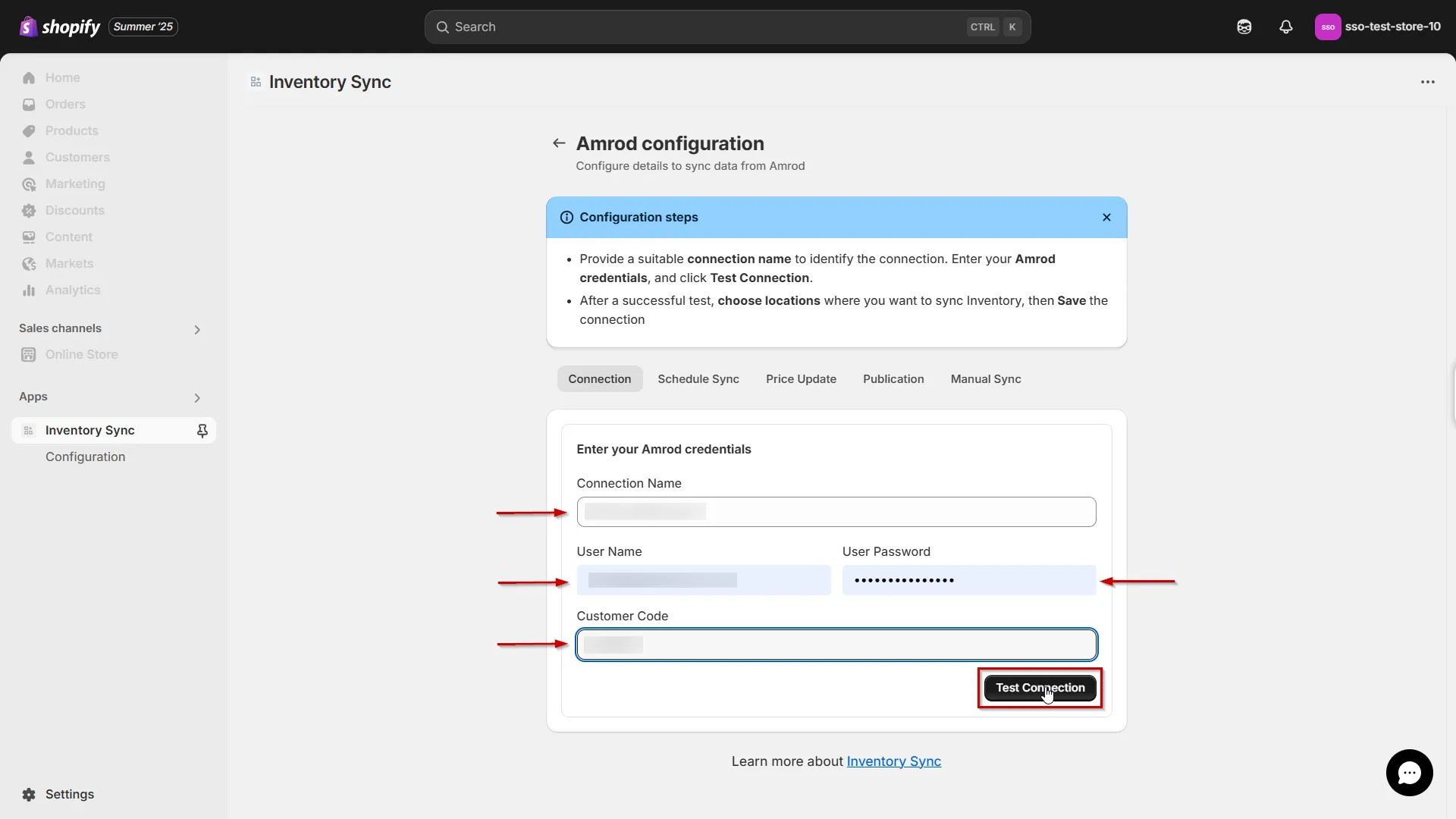 Verbinden Sie Amrod mit Shopify mithilfe der Inventarsynchronisierung – Geben Sie die Amrod-Anmeldeinformationen ein