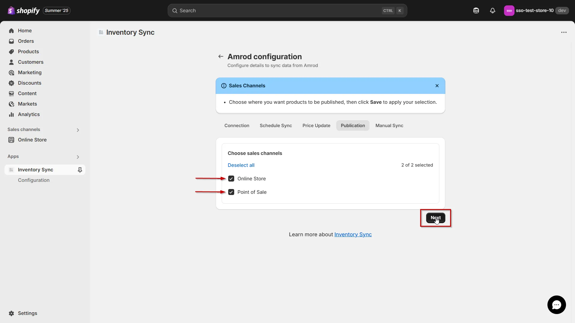 Connect Amrod to Shopify using Inventory Sync - select sales channel
