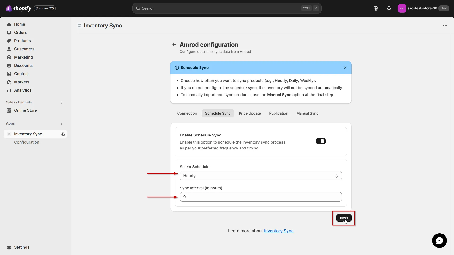 Verbinden Sie Amrod mit Shopify mithilfe der Bestandssynchronisierung – Planen Sie das Synchronisierungszeitintervall
