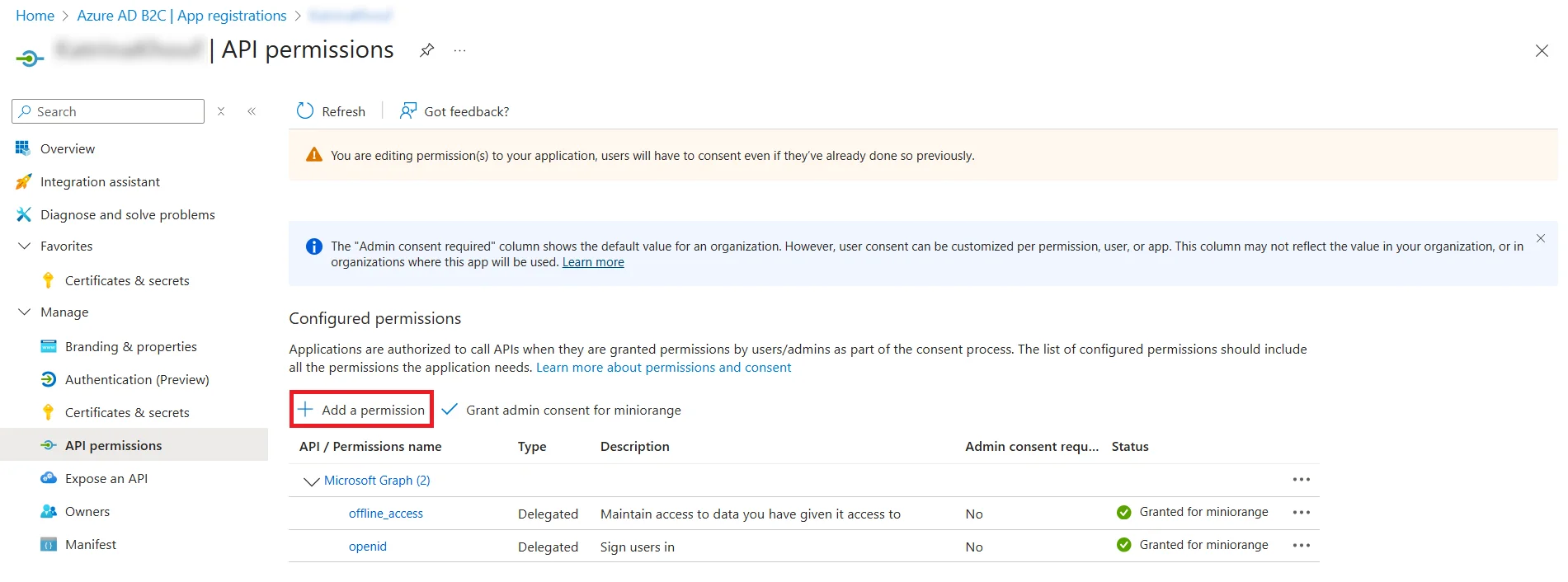 Azure B2C Single Sign-On (SSO) - Add permission
