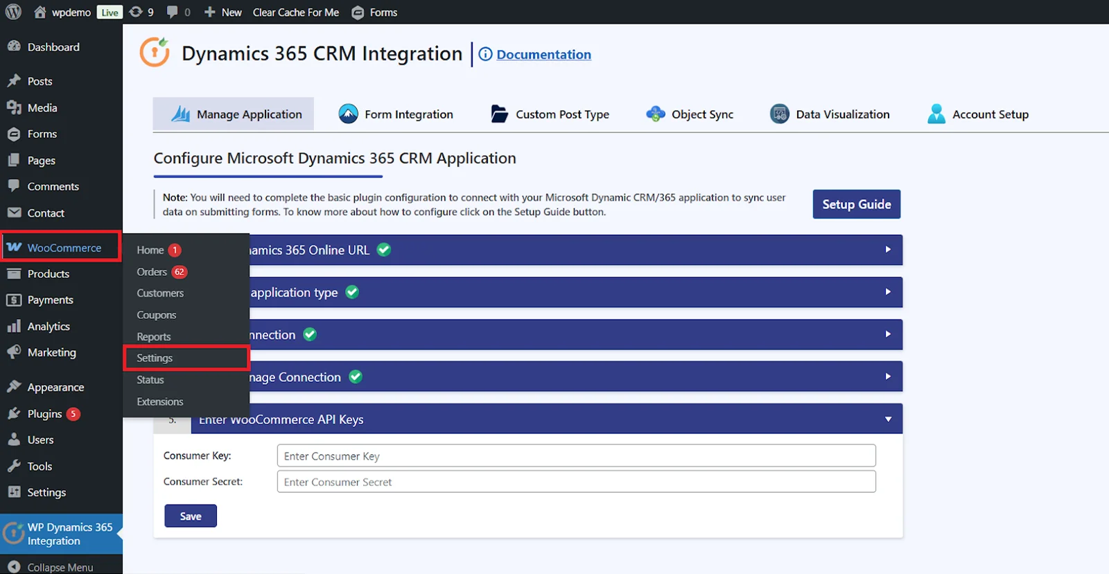 WooCommerce Object Sync with Dynamics CRM | Navigate from WooCommerce to Settings