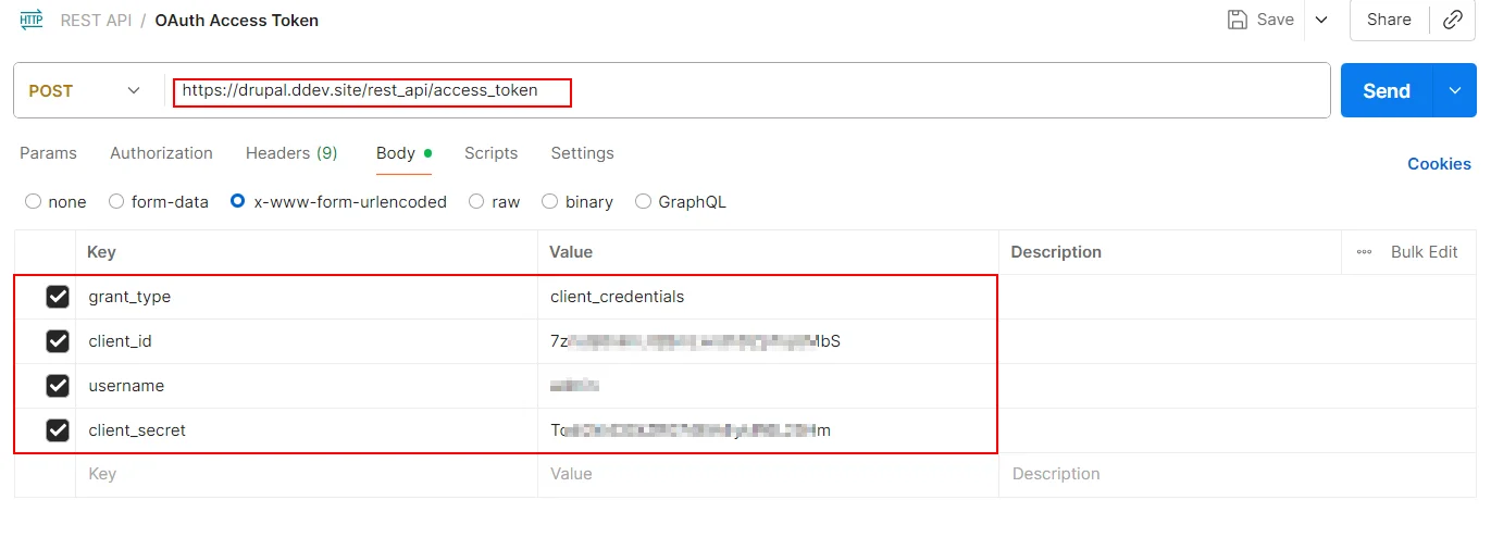 Drupal API Authentication Postman request credential grant