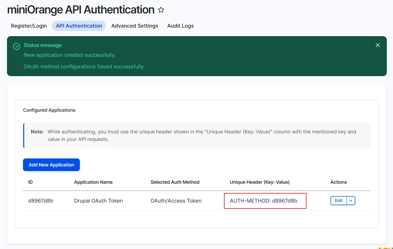 Drupal API Authentication OAuth Access Token Authentication method configured successfully