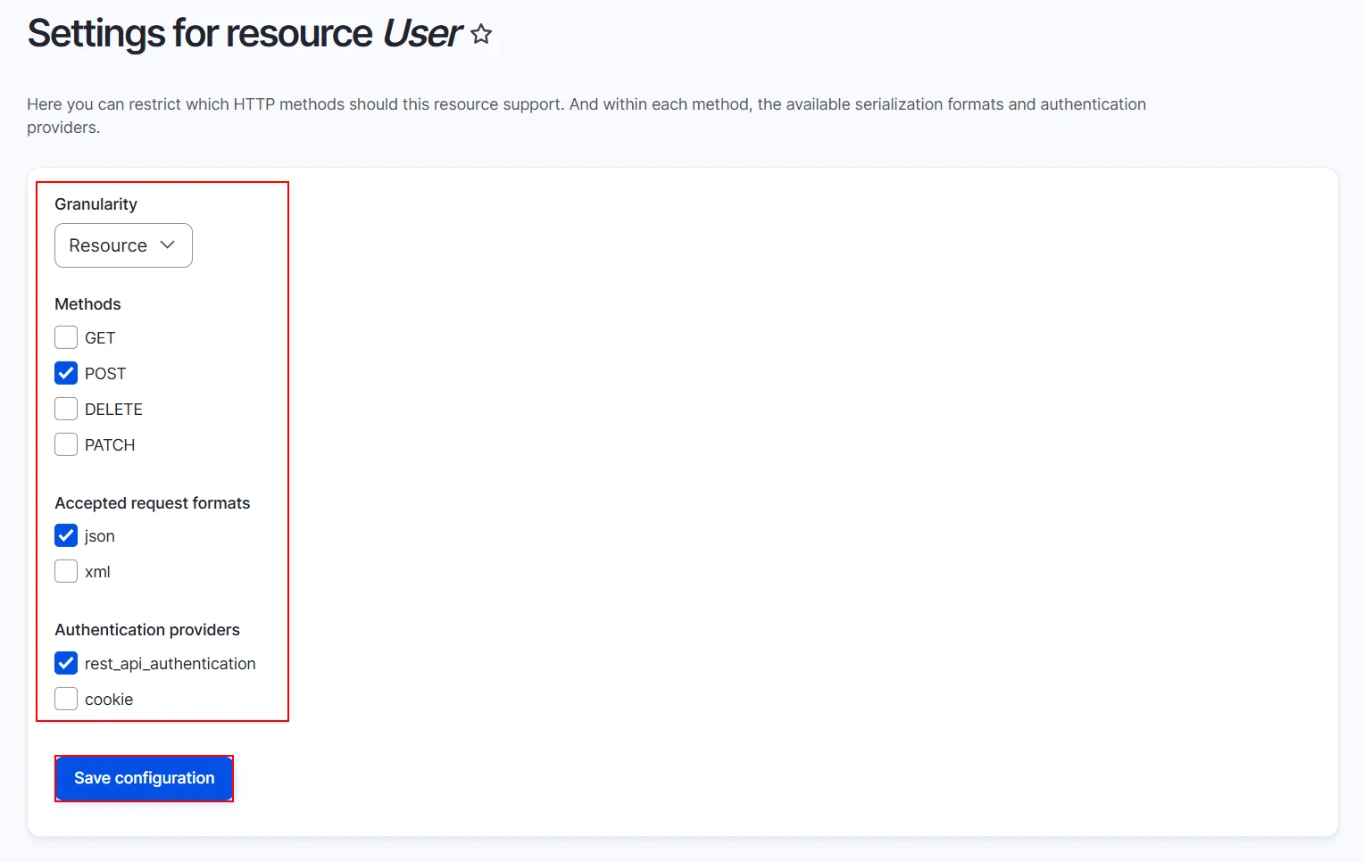 Drupal API Authentication Resource Settings