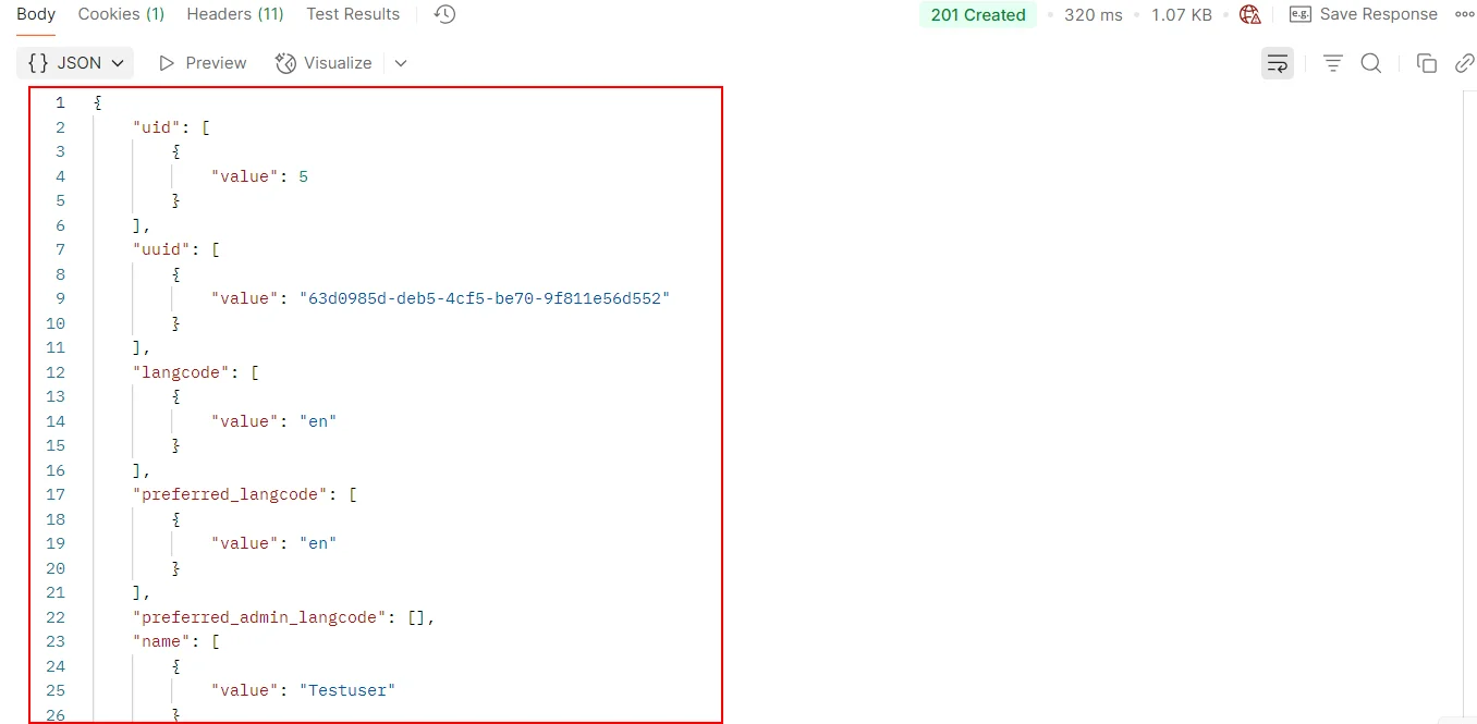 Drupal API Authentication Postman Response created user