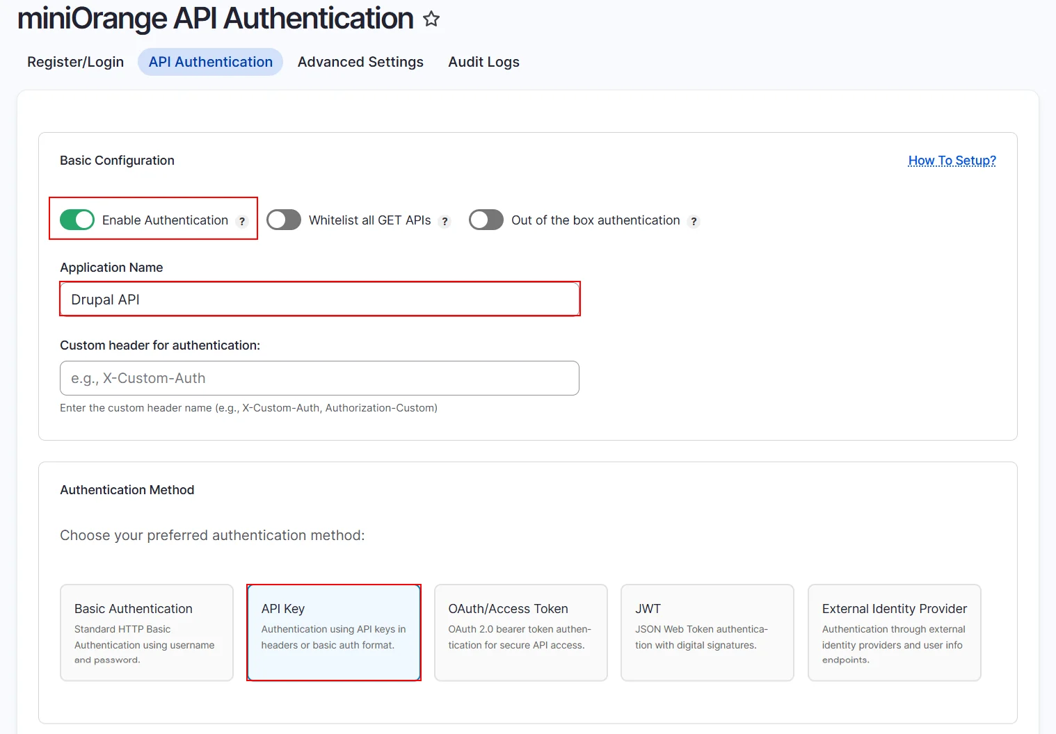 Drupal API Authentication select API Authentication method