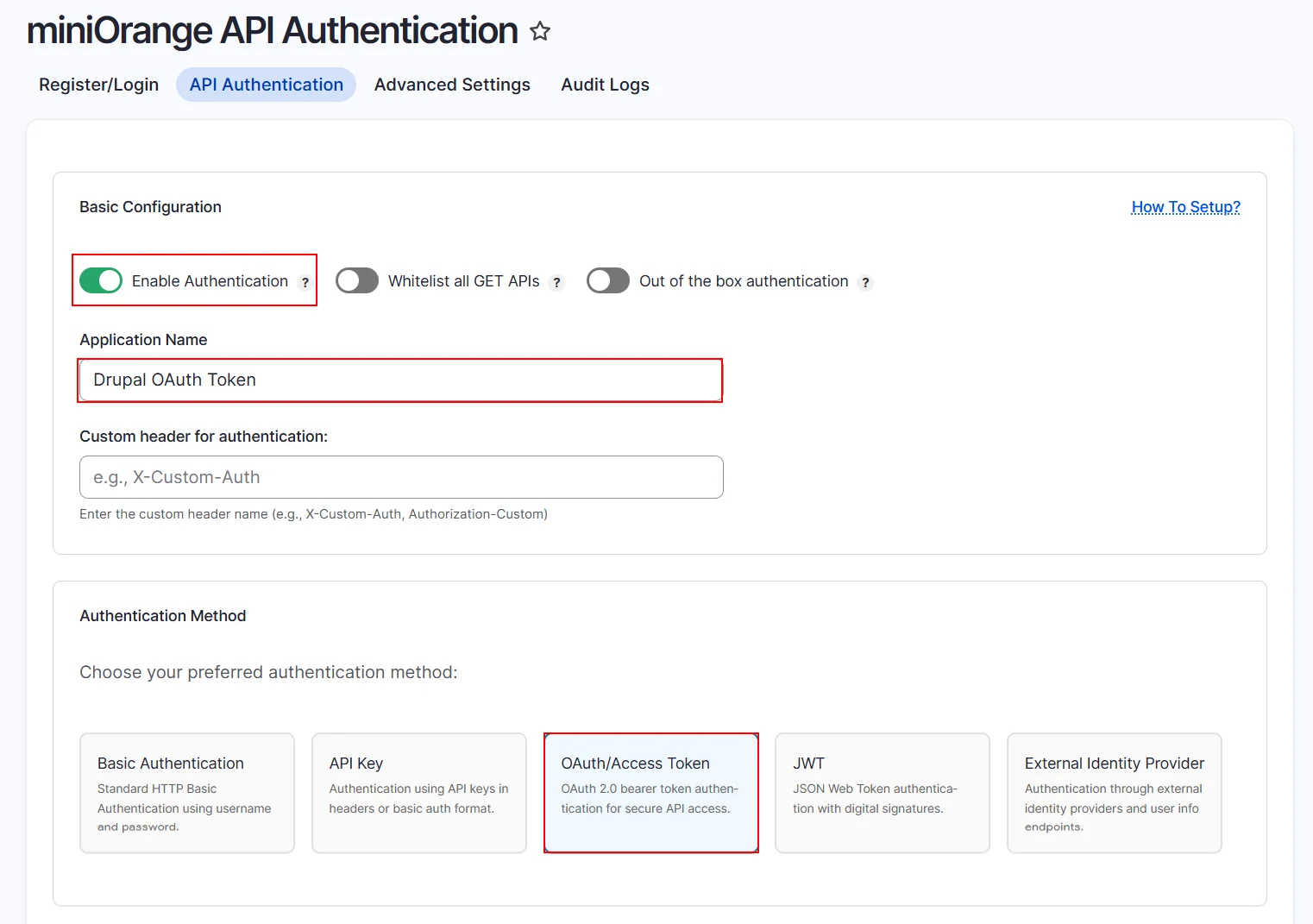 Drupal API Authentication select OAuth Access Token Authentication method