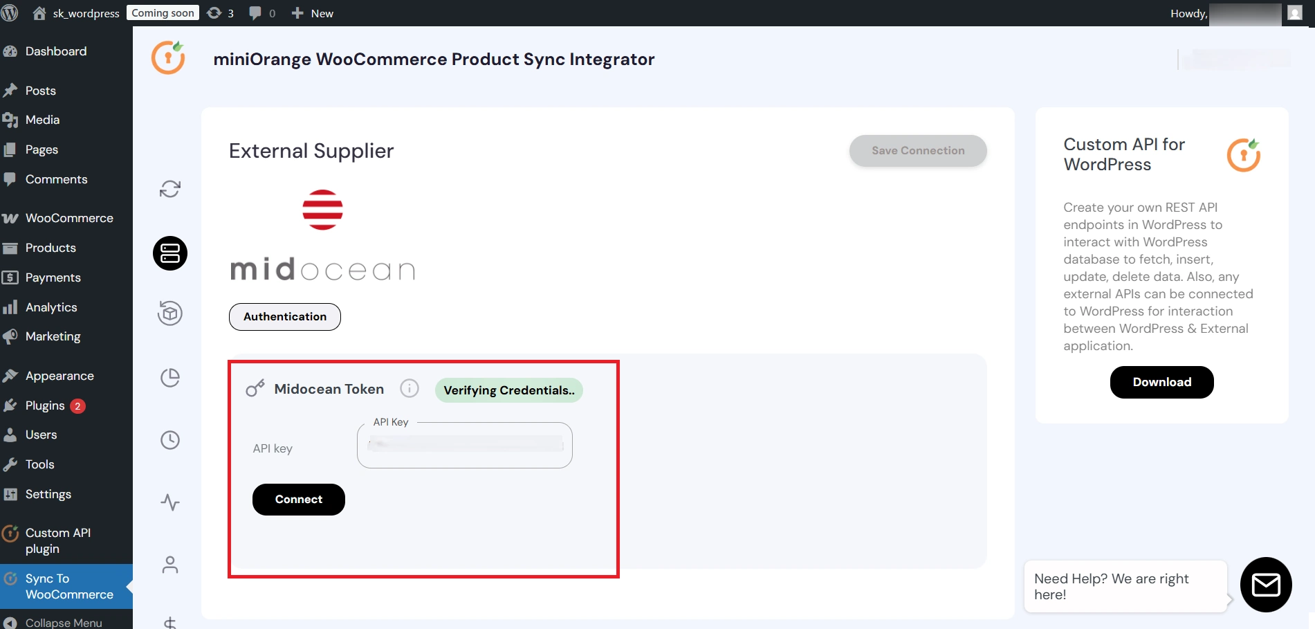 Enter midocean API key and click Connect button for verification