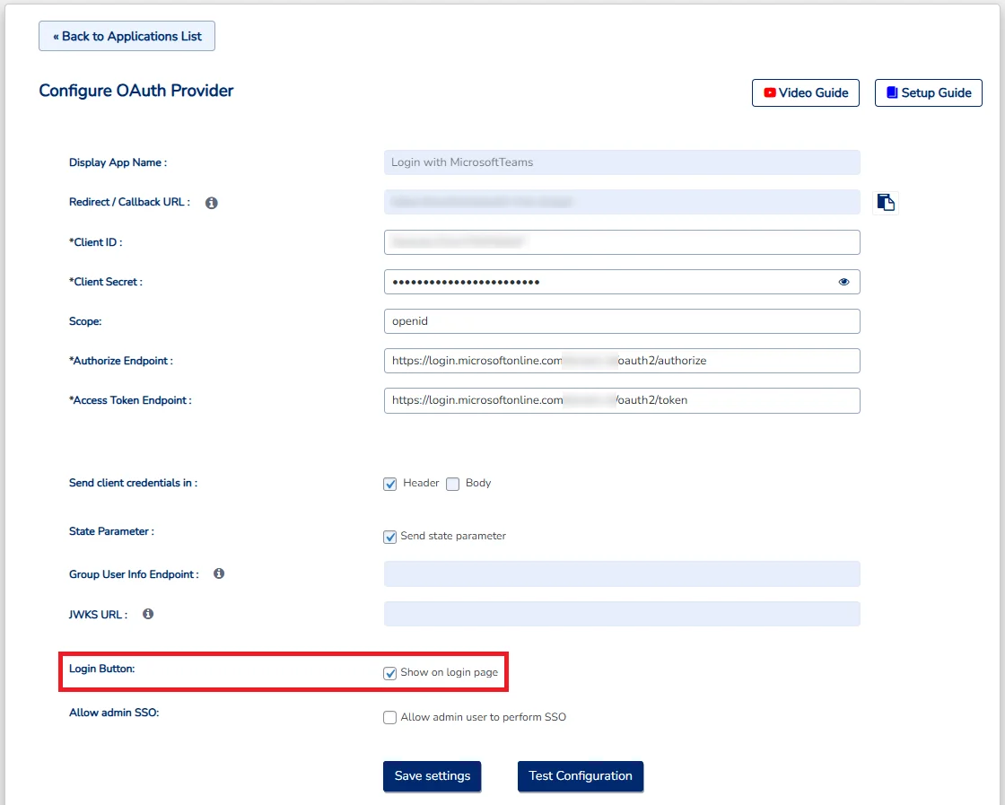Microsoft Teams Single Sign-on (SSO) - WordPress create-newclient login button setting