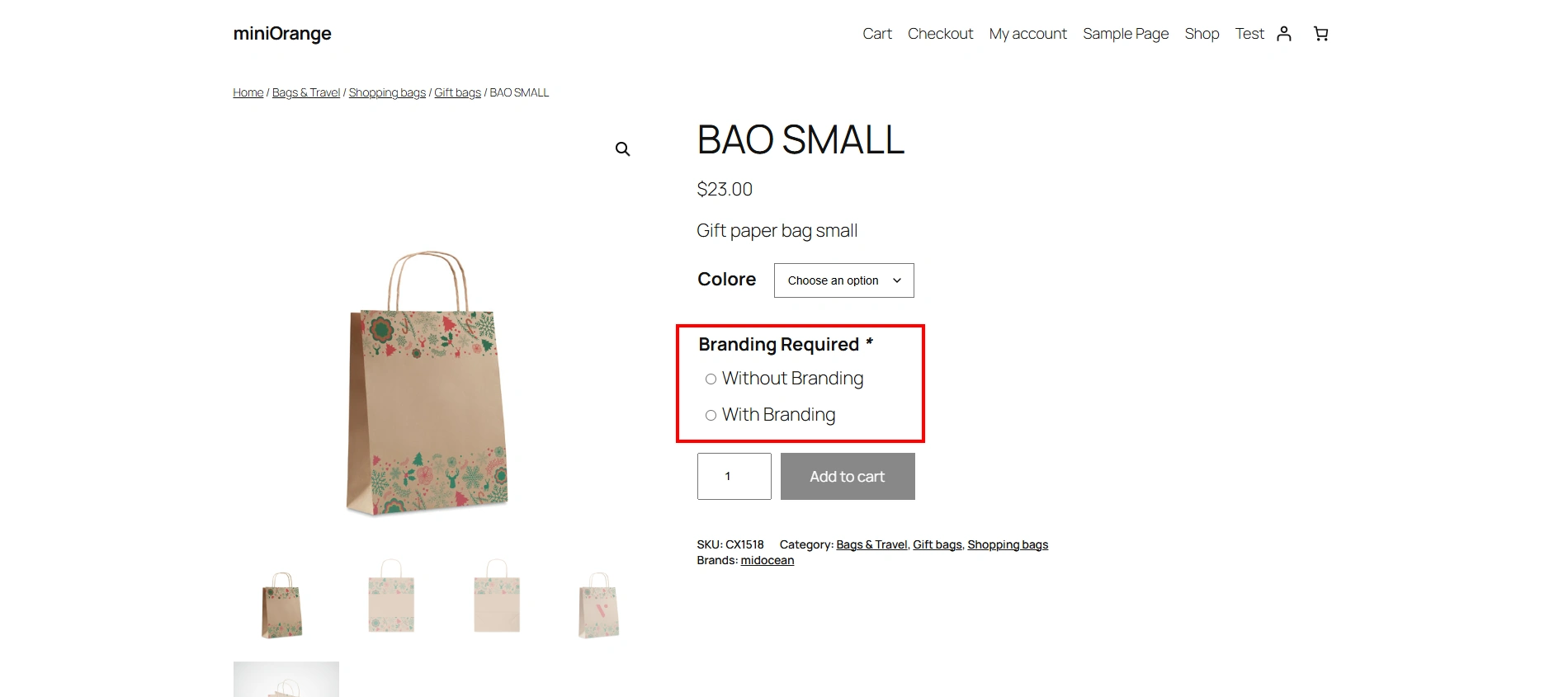 midocean branding options selection in WooCommerce product customization